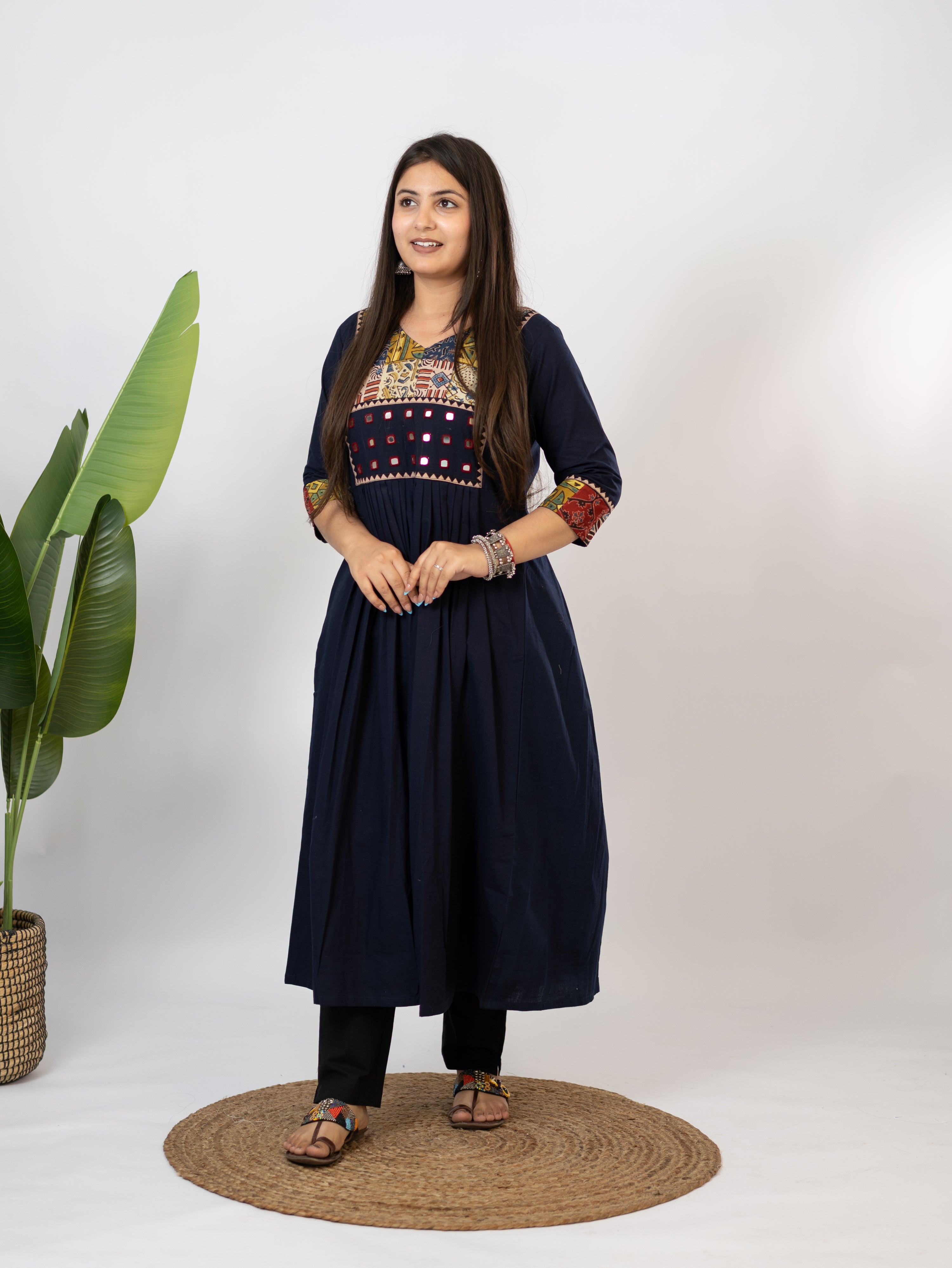 Hetal Blue Cotton Ajrakh Embroidered A-line Kurta