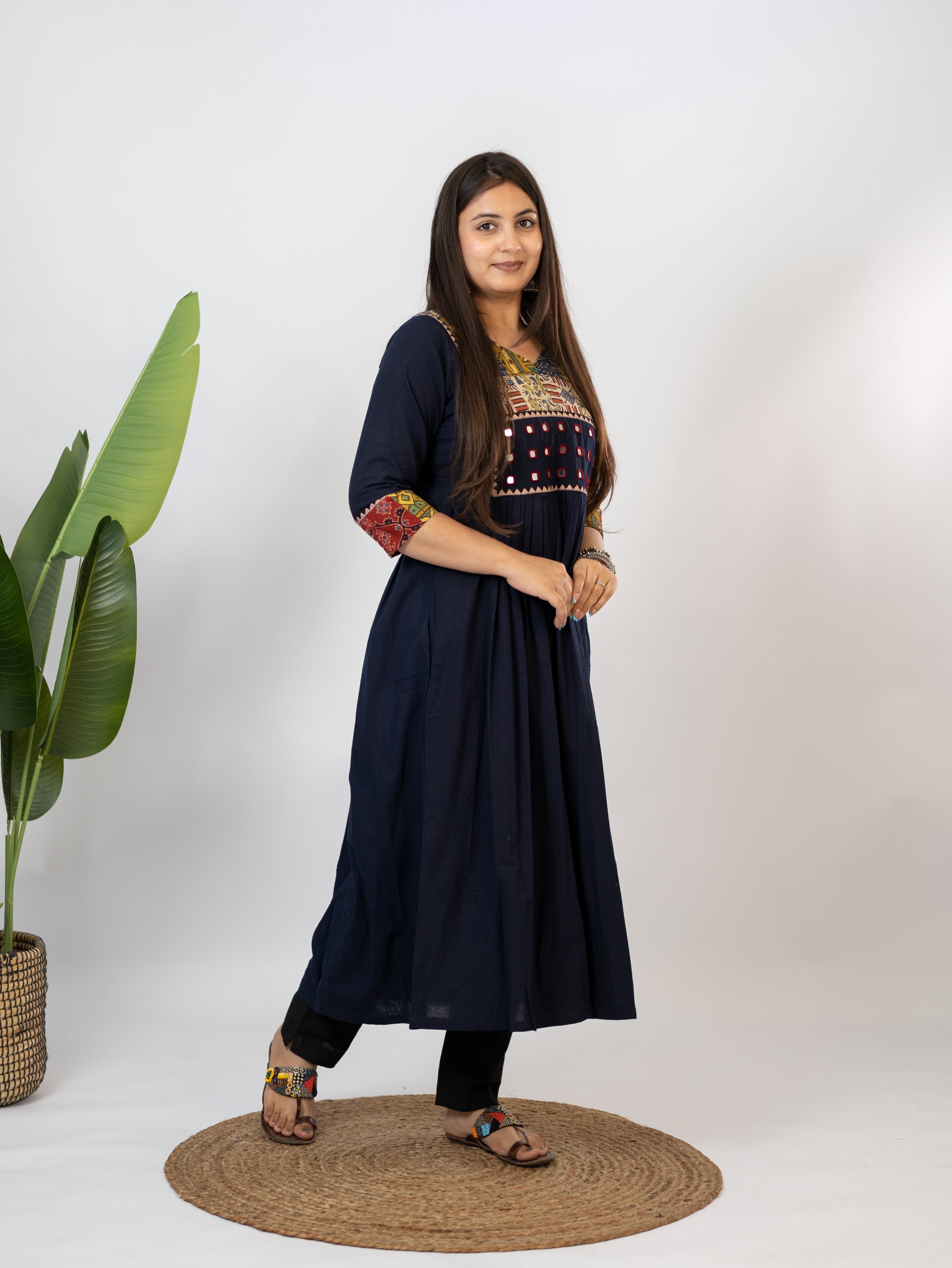 Hetal Blue Cotton Ajrakh Embroidered A-line Kurta