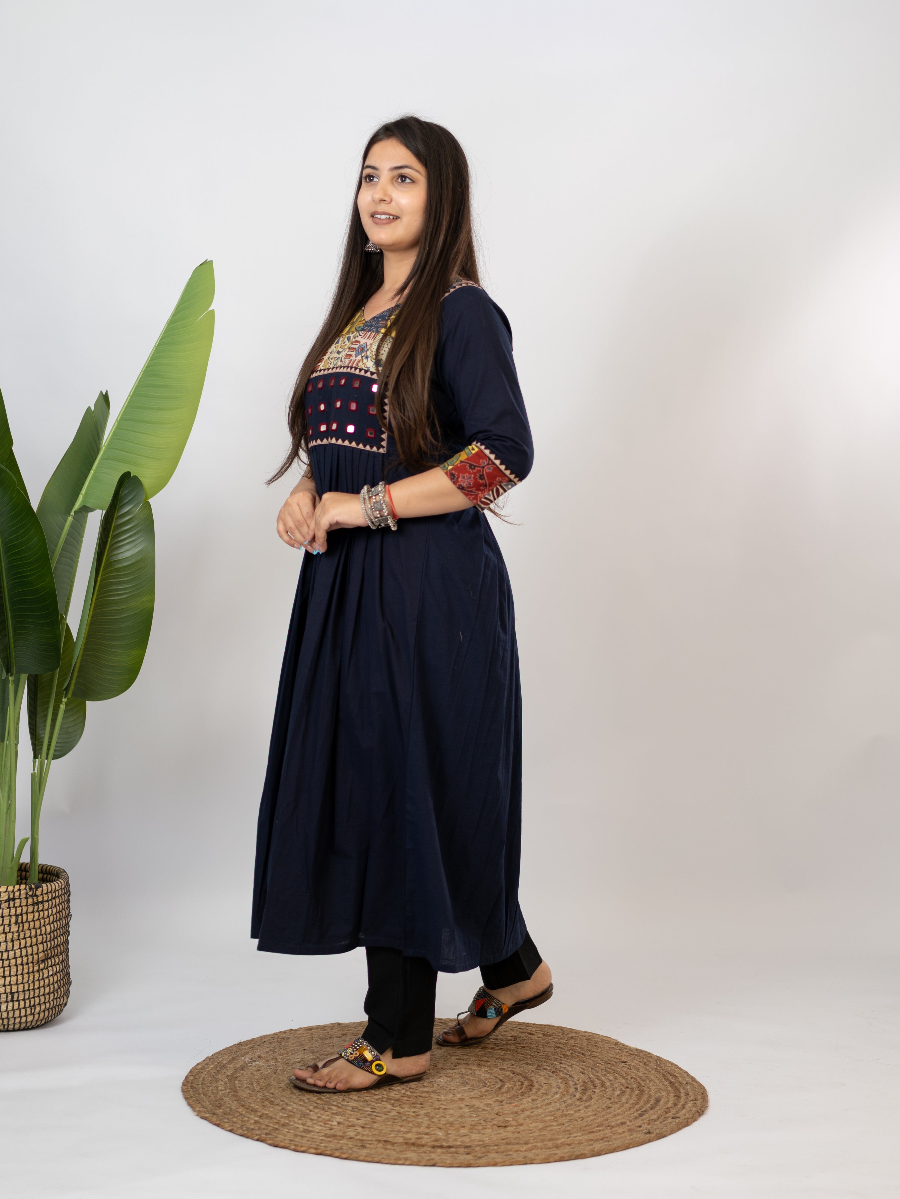 Hetal Blue Cotton Ajrakh Embroidered A-line Kurta