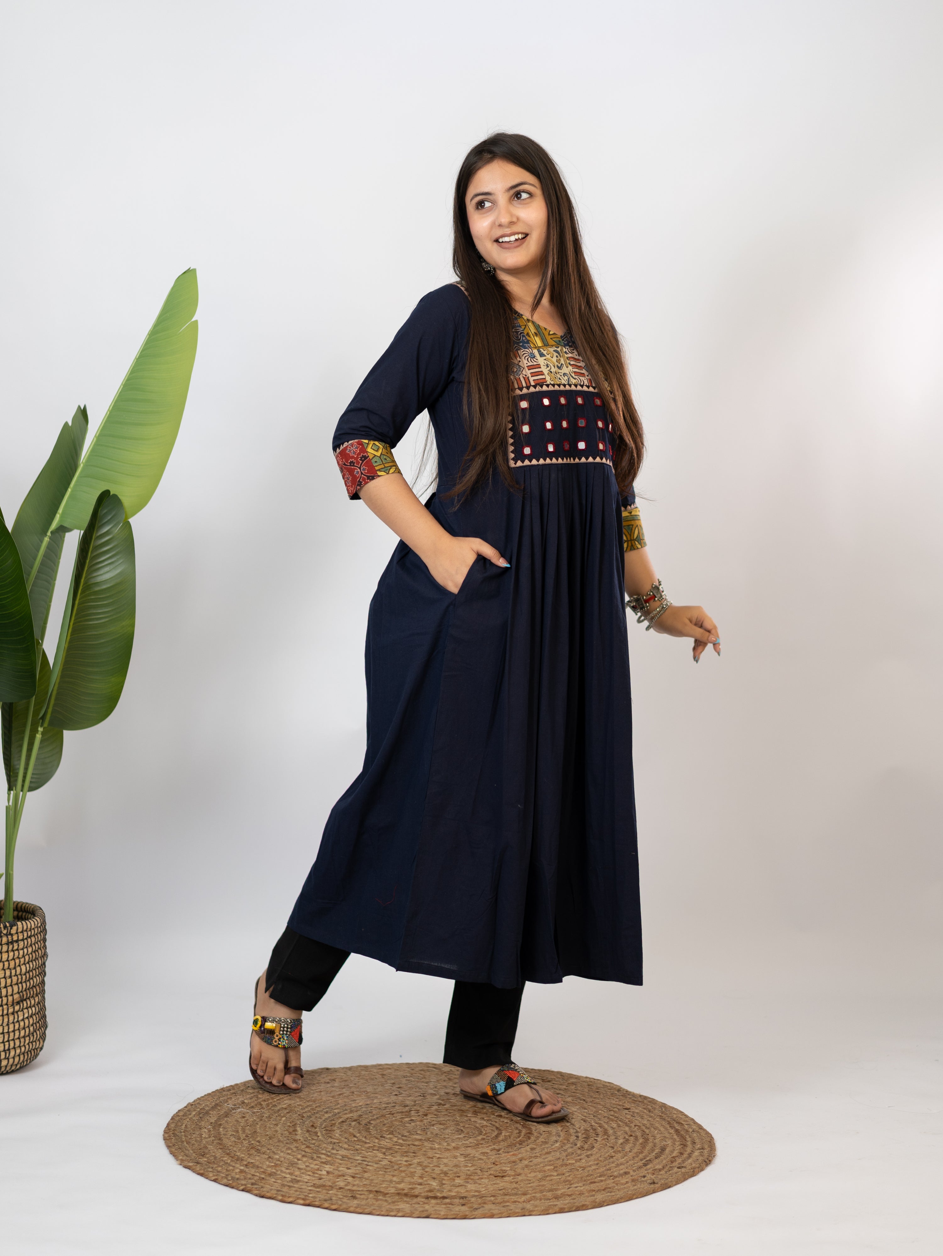 Hetal Blue Cotton Ajrakh Embroidered A-line Kurta