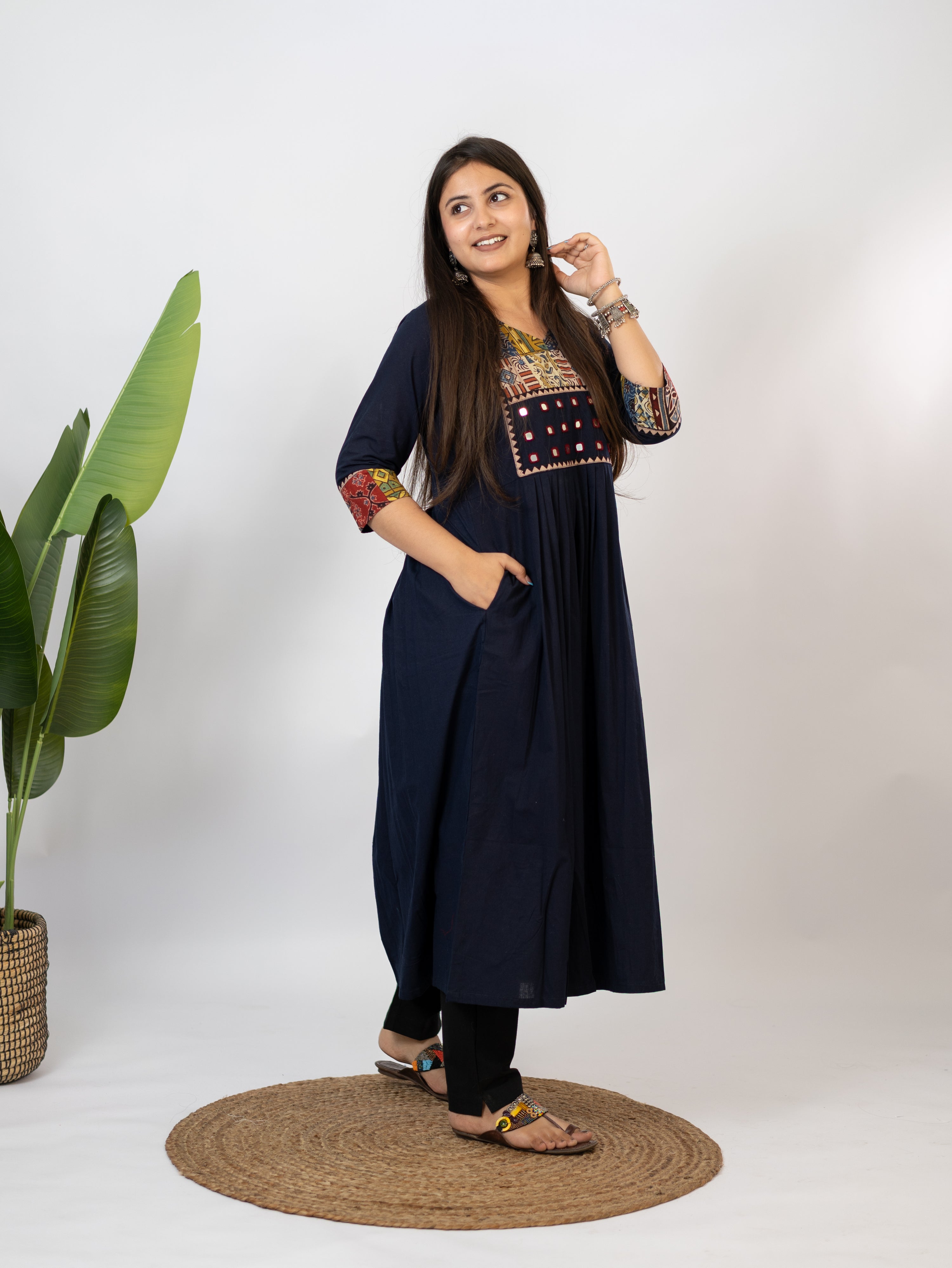 Hetal Blue Cotton Ajrakh Embroidered A-line Kurta
