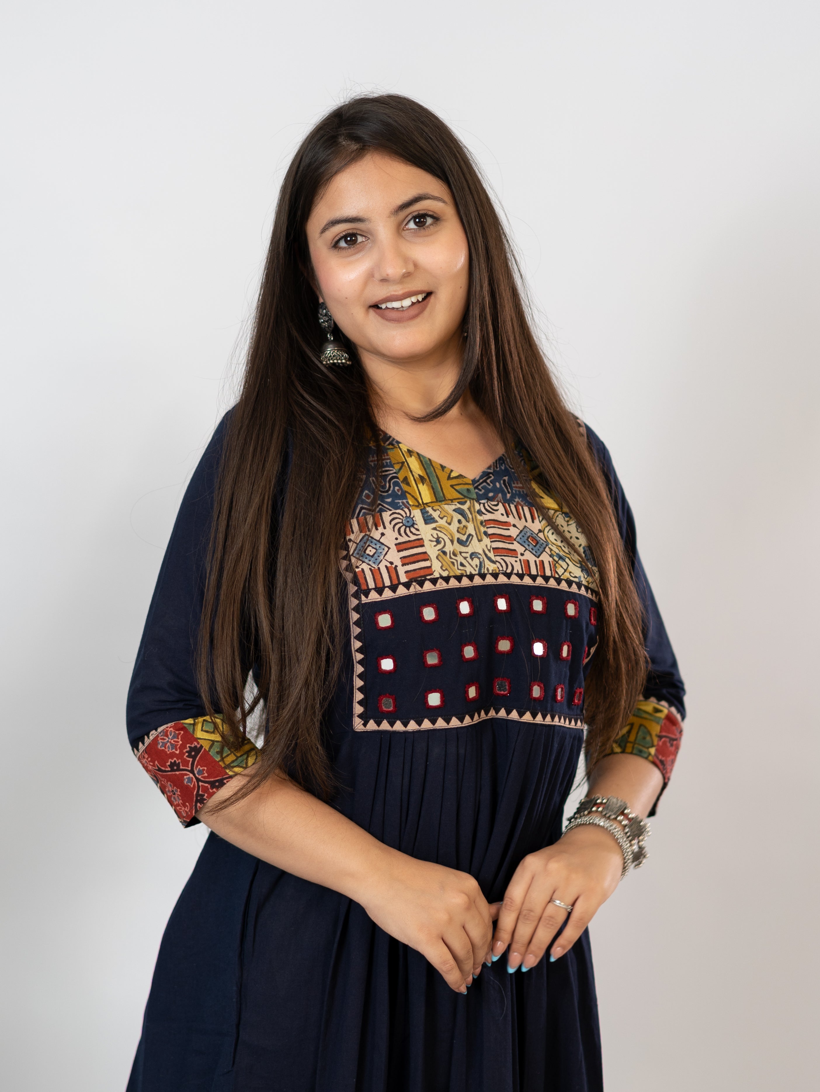 Hetal Blue Cotton Ajrakh Embroidered A-line Kurta