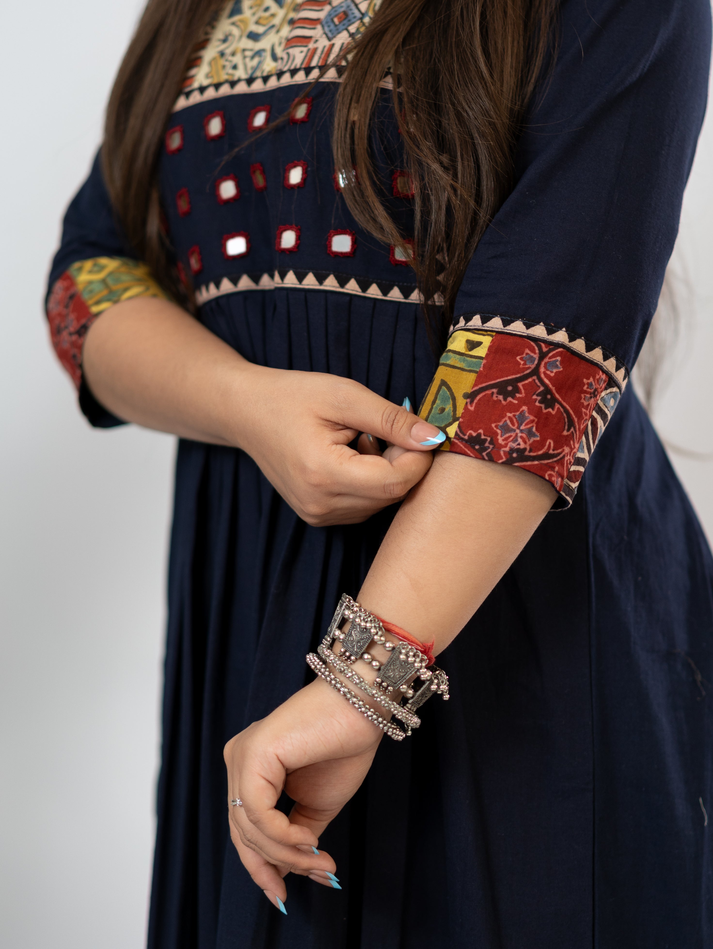 Hetal Blue Cotton Ajrakh Embroidered A-line Kurta