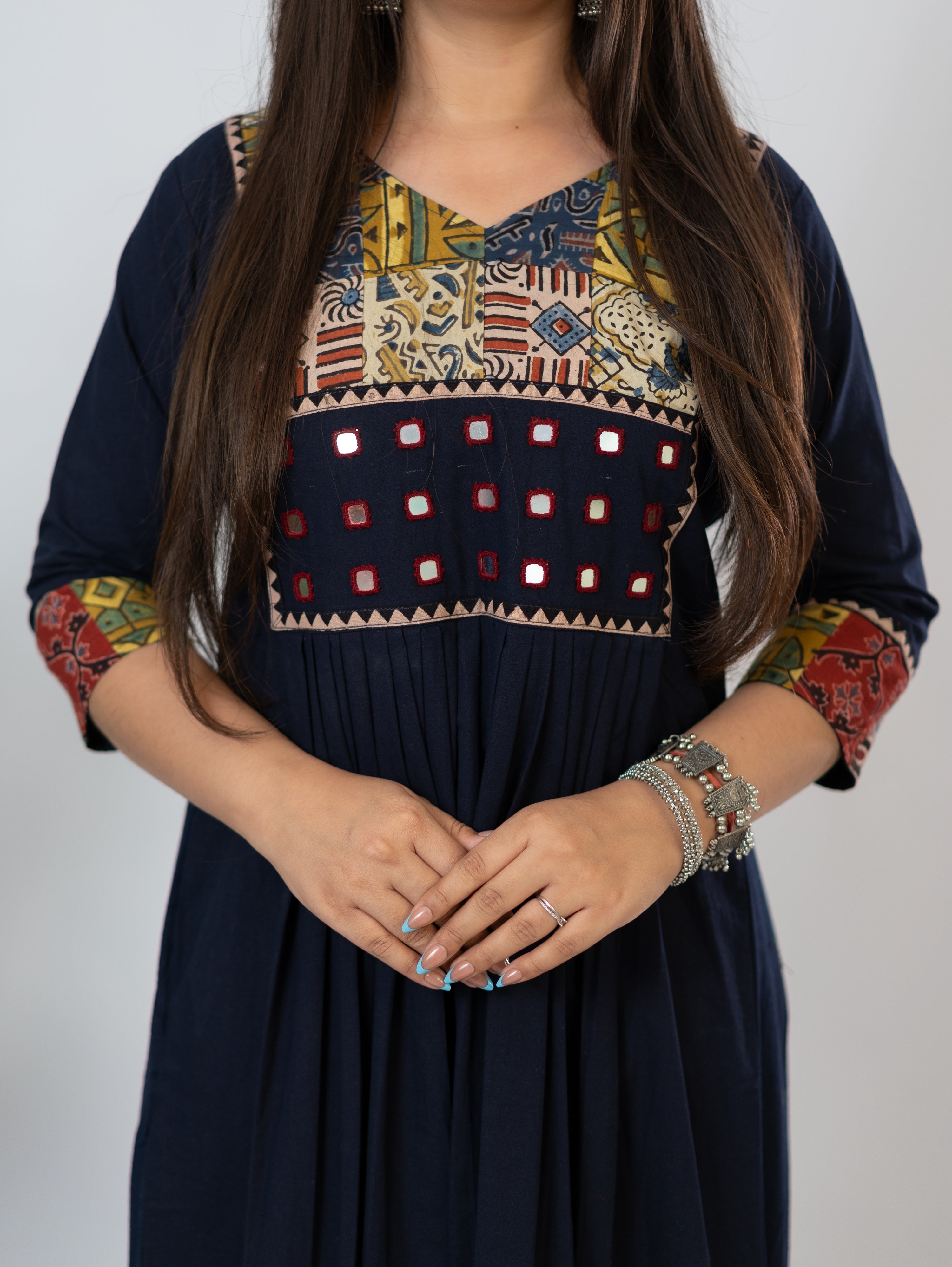 Hetal Blue Cotton Ajrakh Embroidered A-line Kurta