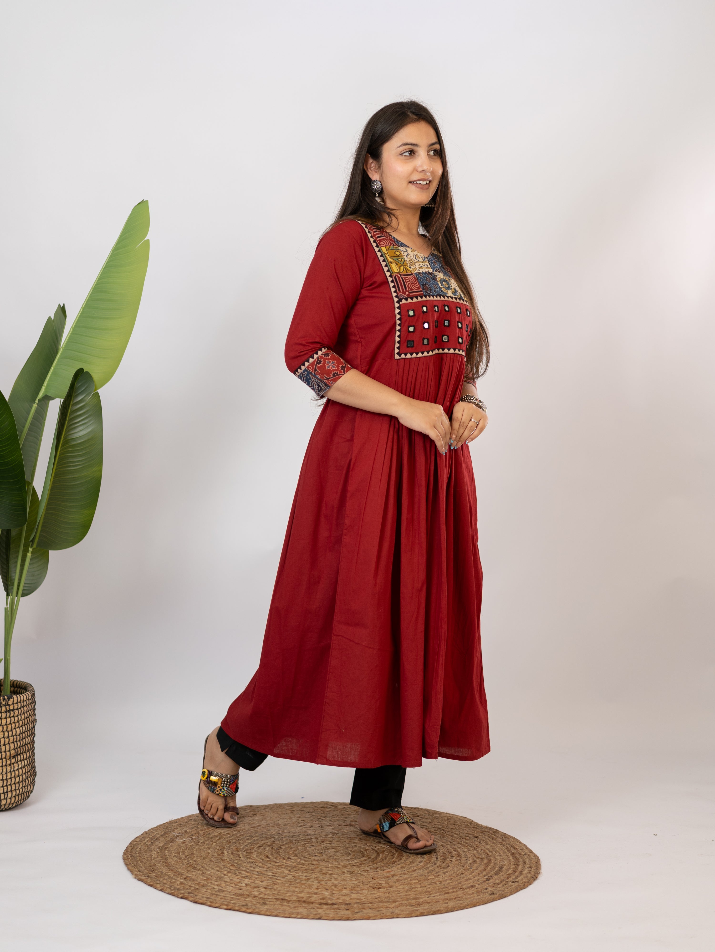 Hetal Red Cotton Ajrakh Embroidered A-line Kurta