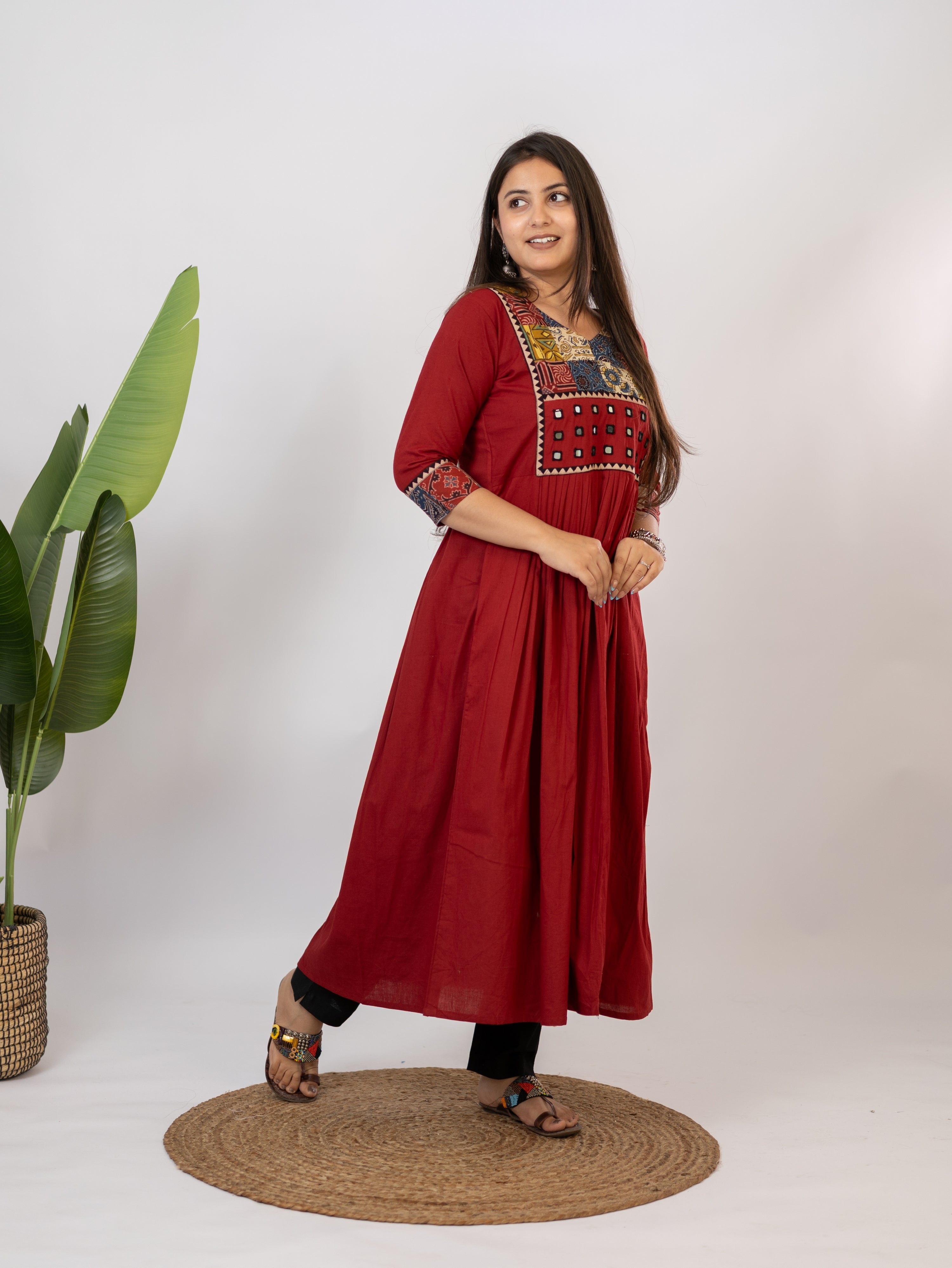 Hetal Red Cotton Ajrakh Embroidered A-line Kurta
