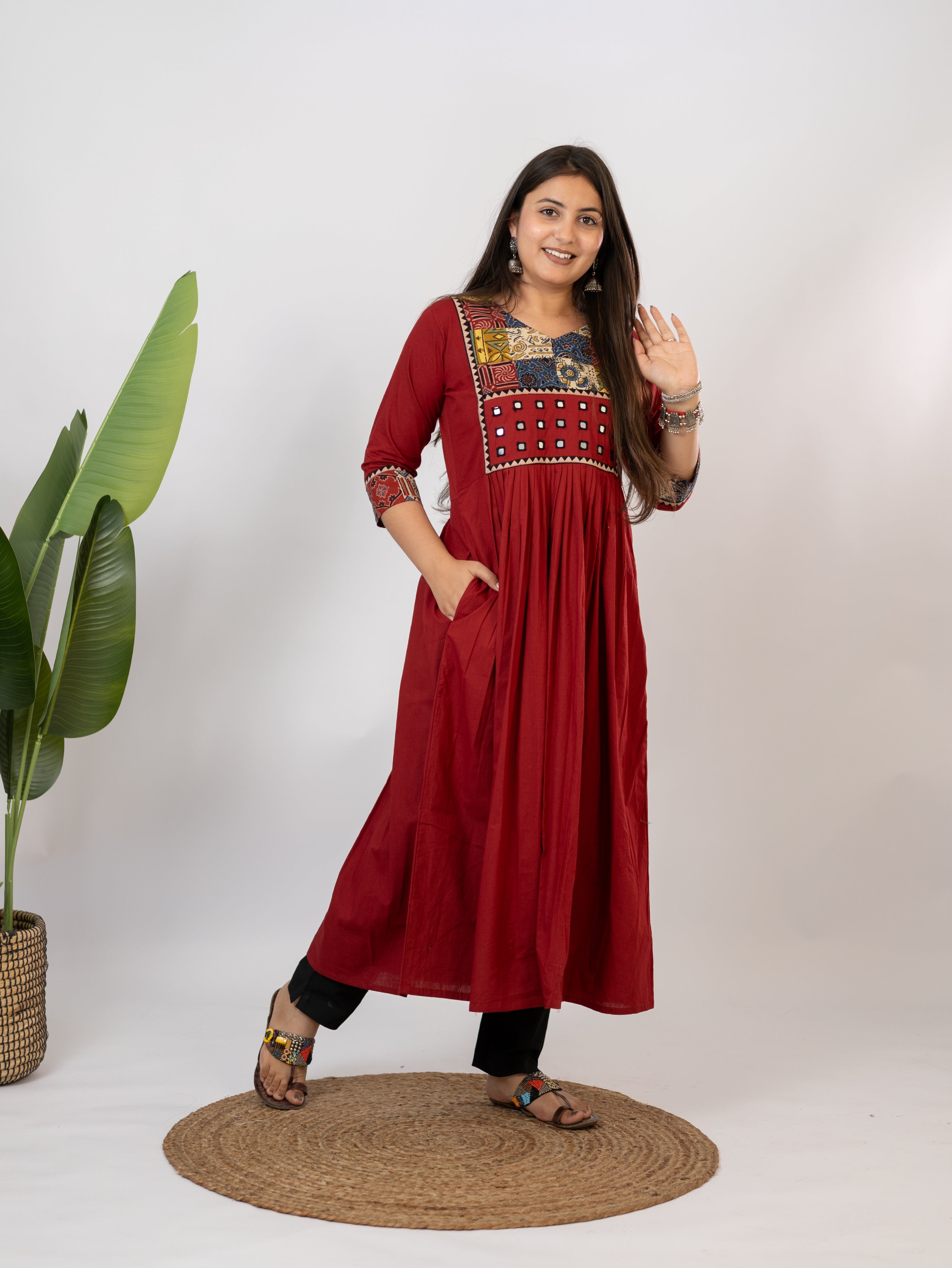 Hetal Red Cotton Ajrakh Embroidered A-line Kurta