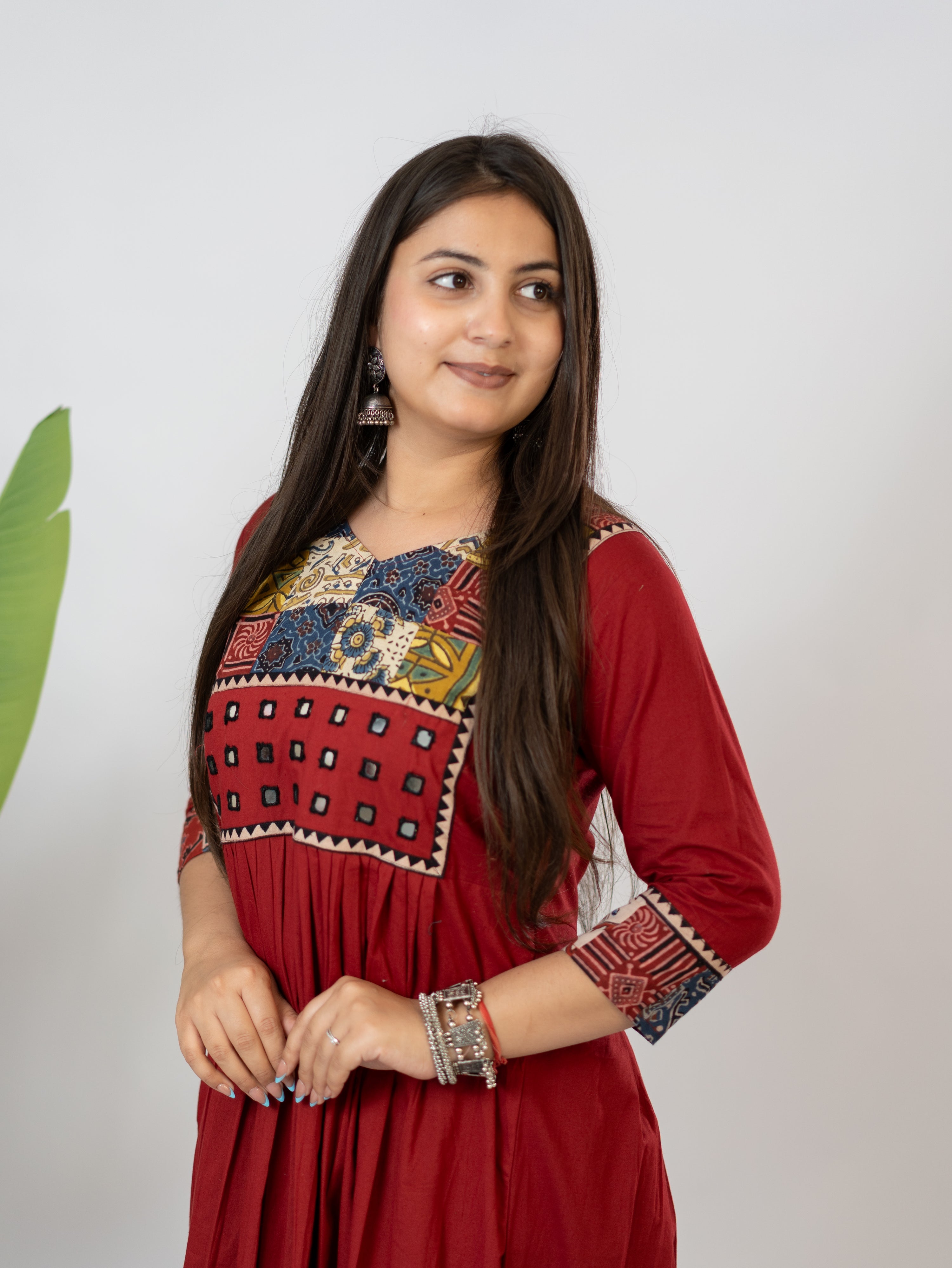Hetal Red Cotton Ajrakh Embroidered A-line Kurta