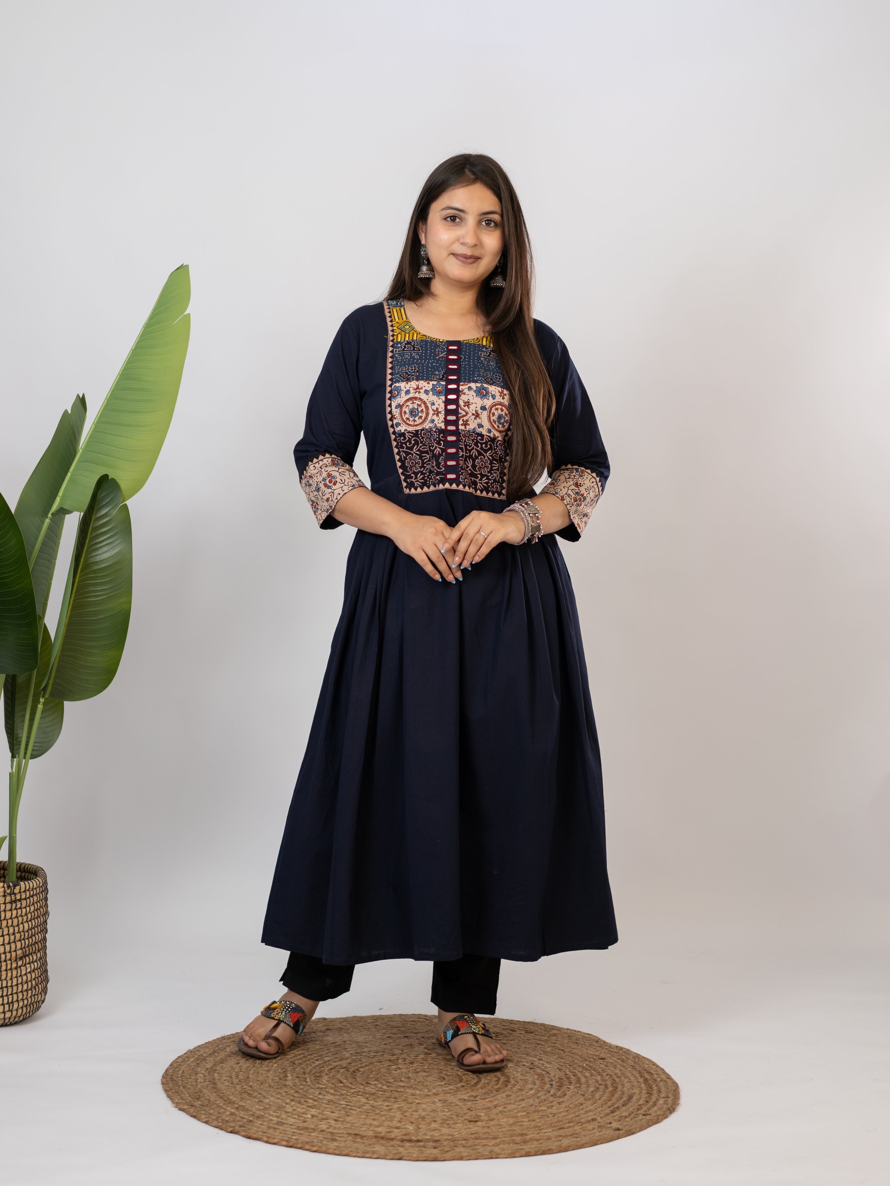 Meera Blue Cotton Ajrakh Embroidered A-line Kurta