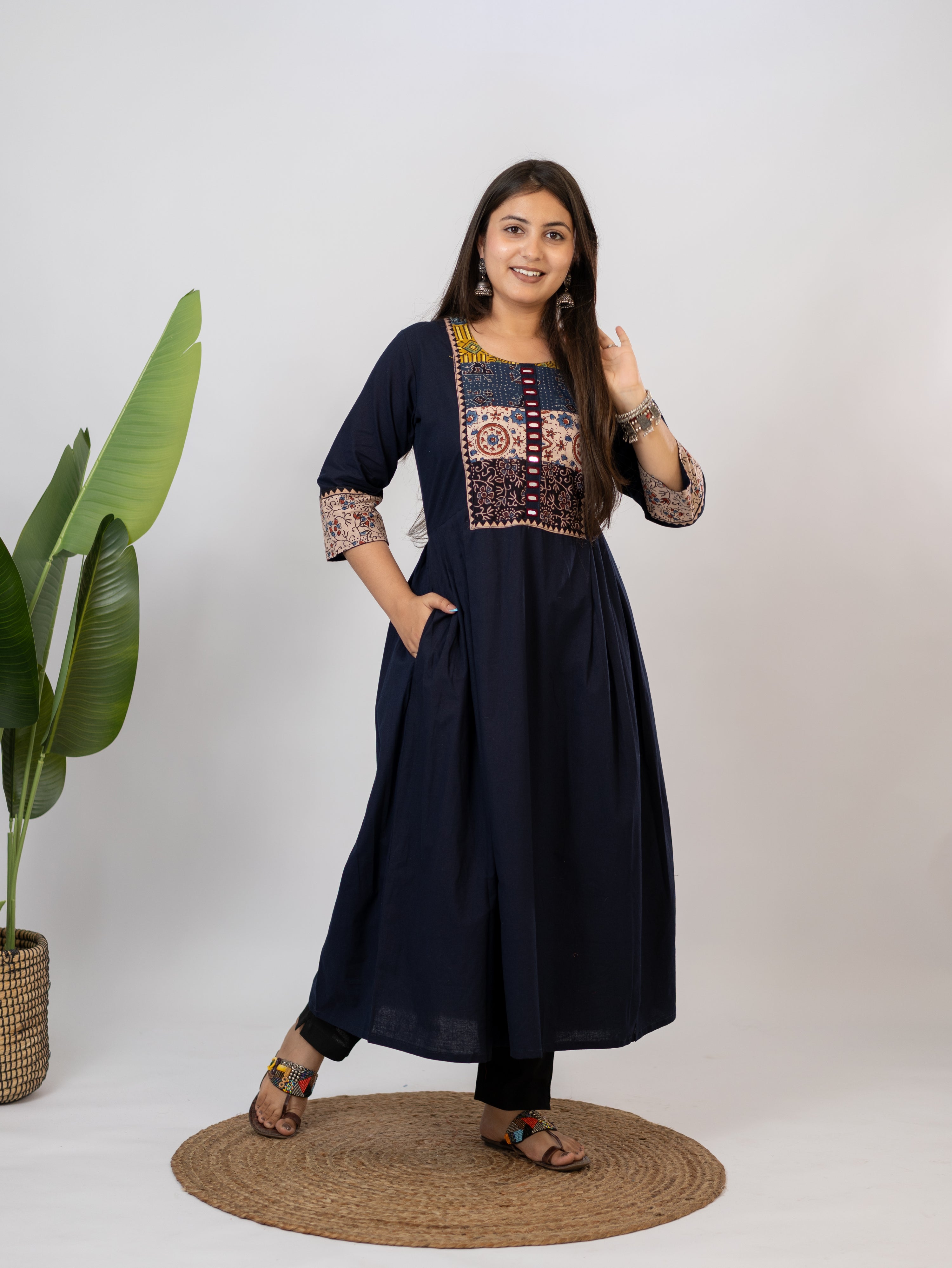 Meera Blue Cotton Ajrakh Embroidered A-line Kurta