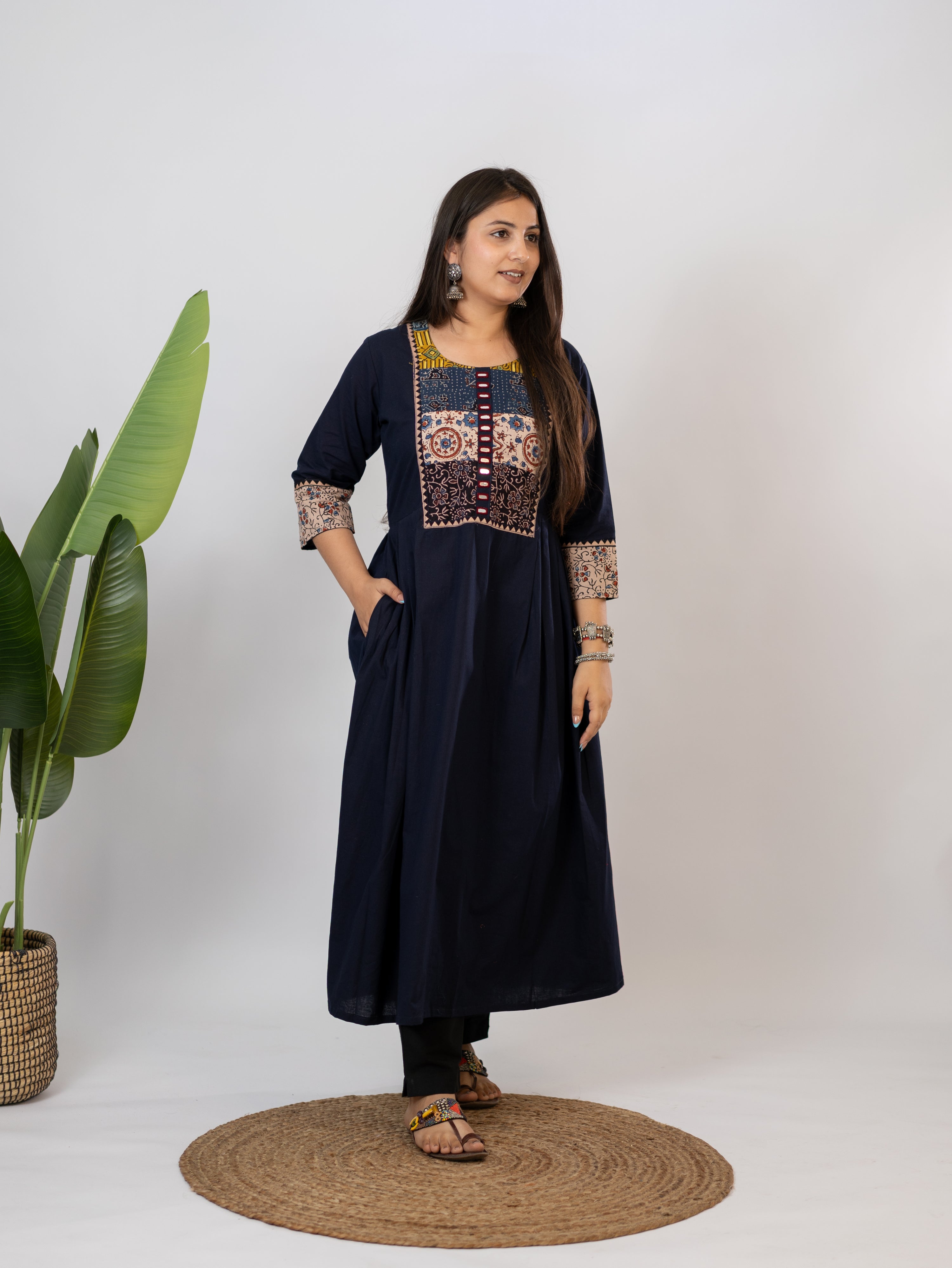 Meera Blue Cotton Ajrakh Embroidered A-line Kurta