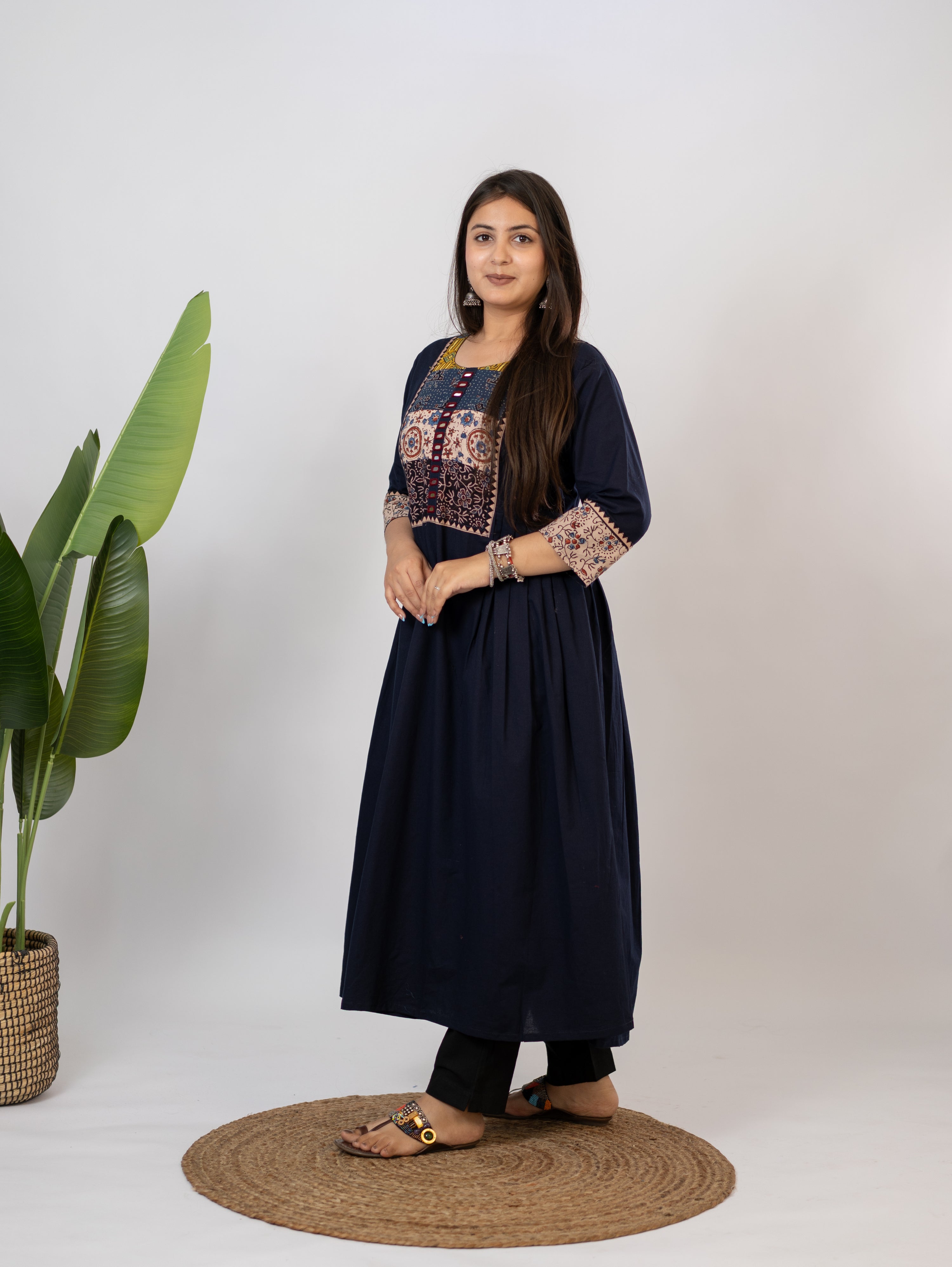 Meera Blue Cotton Ajrakh Embroidered A-line Kurta