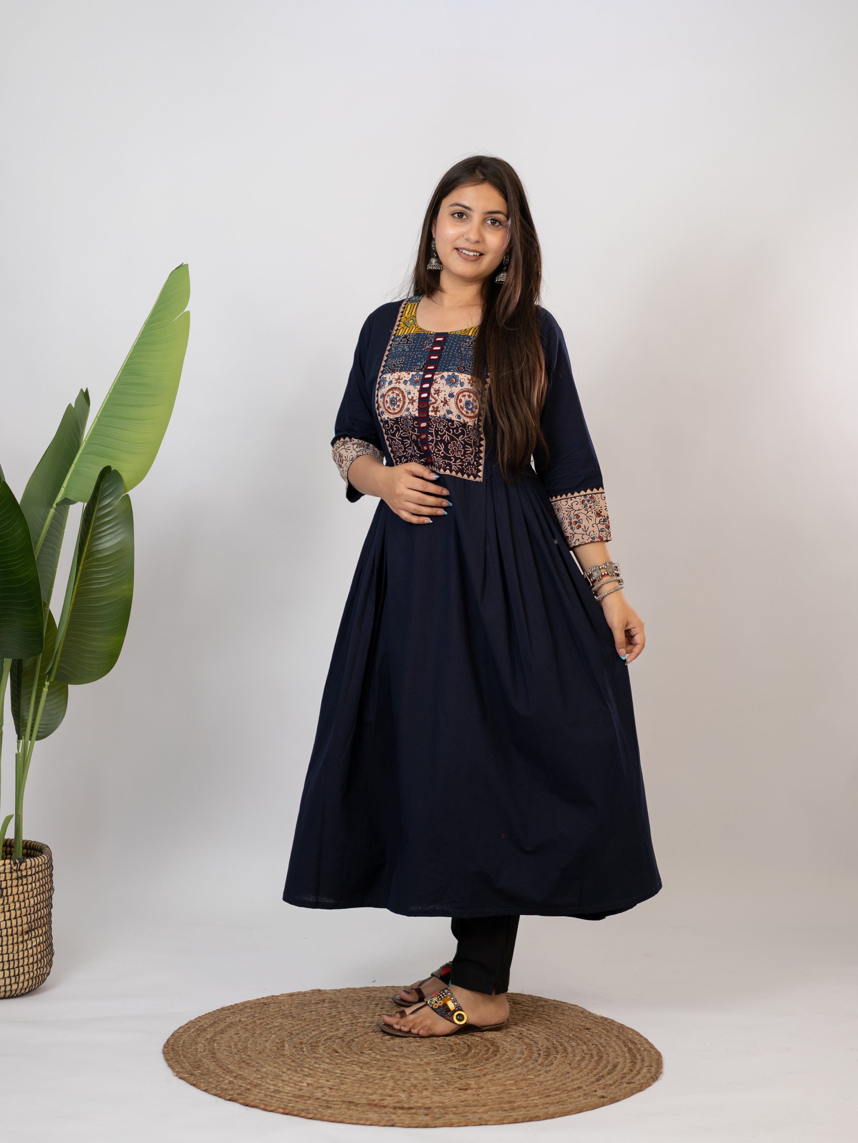 Meera Blue Cotton Ajrakh Embroidered A-line Kurta