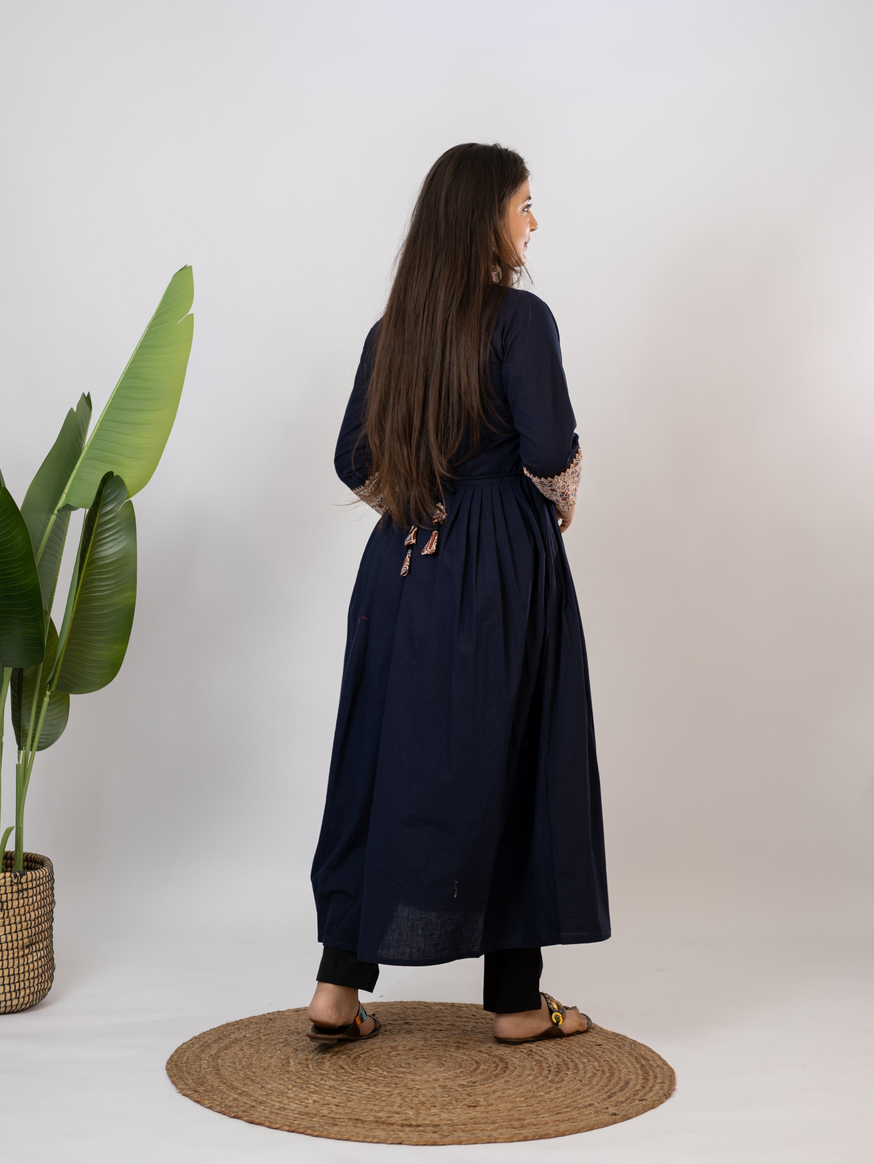 Meera Blue Cotton Ajrakh Embroidered A-line Kurta