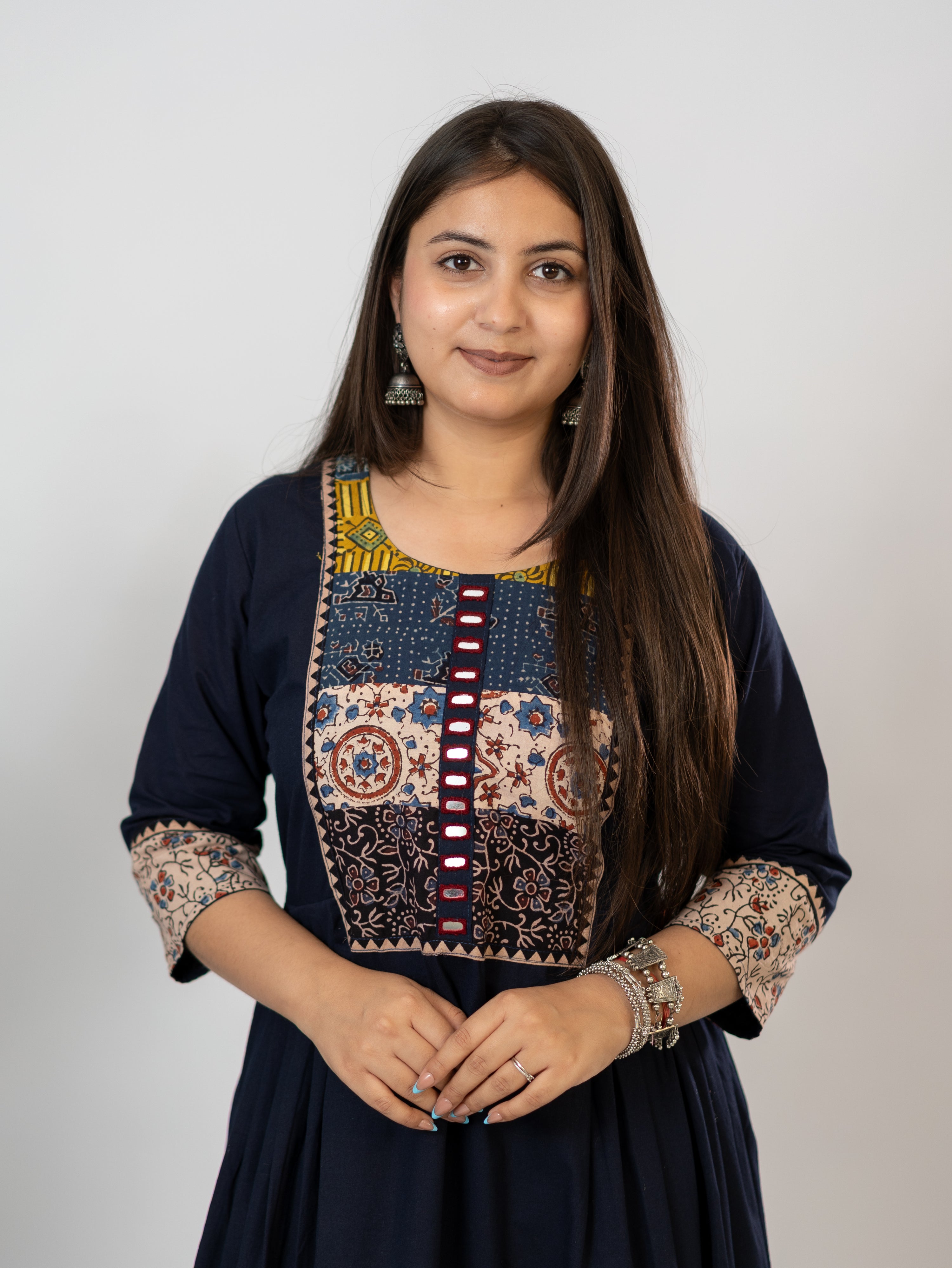 Meera Blue Cotton Ajrakh Embroidered A-line Kurta