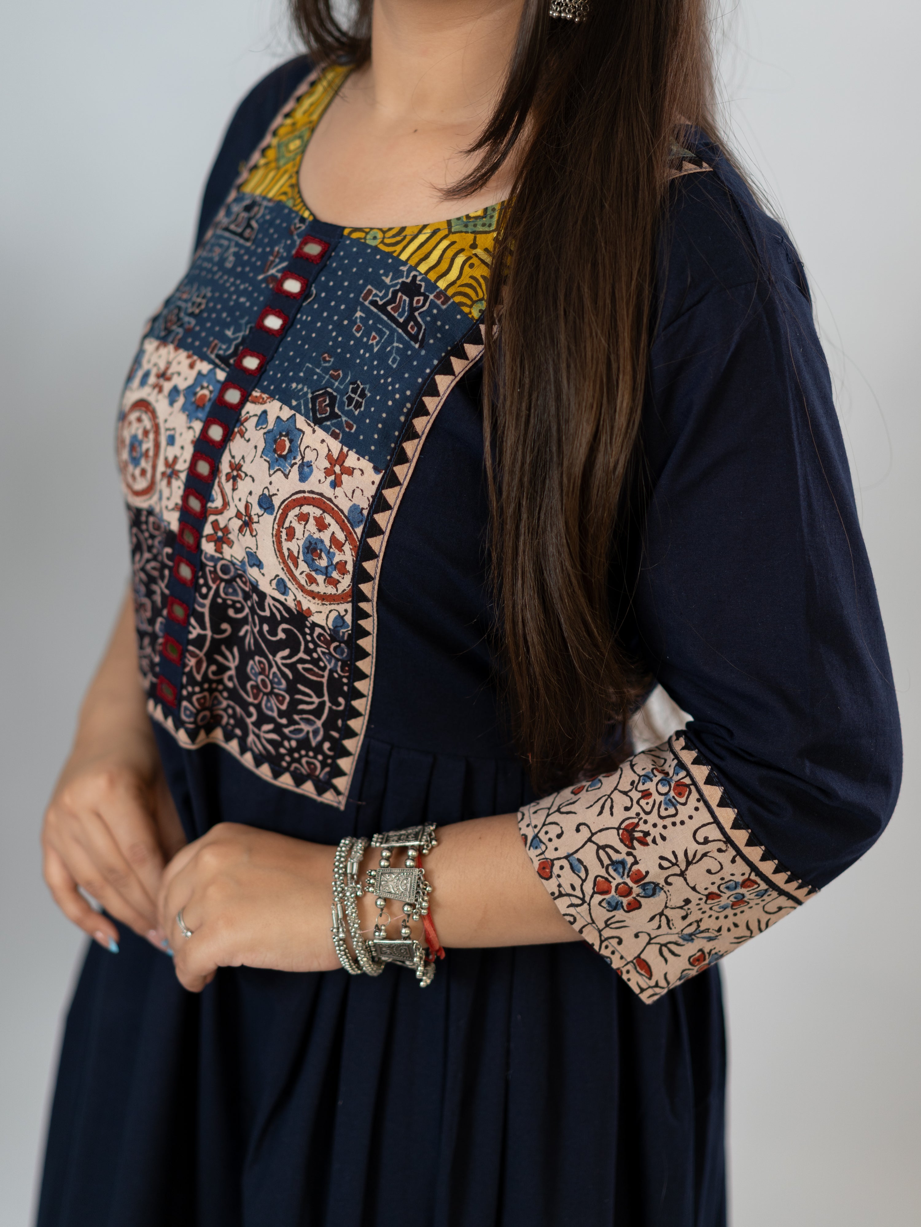 Meera Blue Cotton Ajrakh Embroidered A-line Kurta