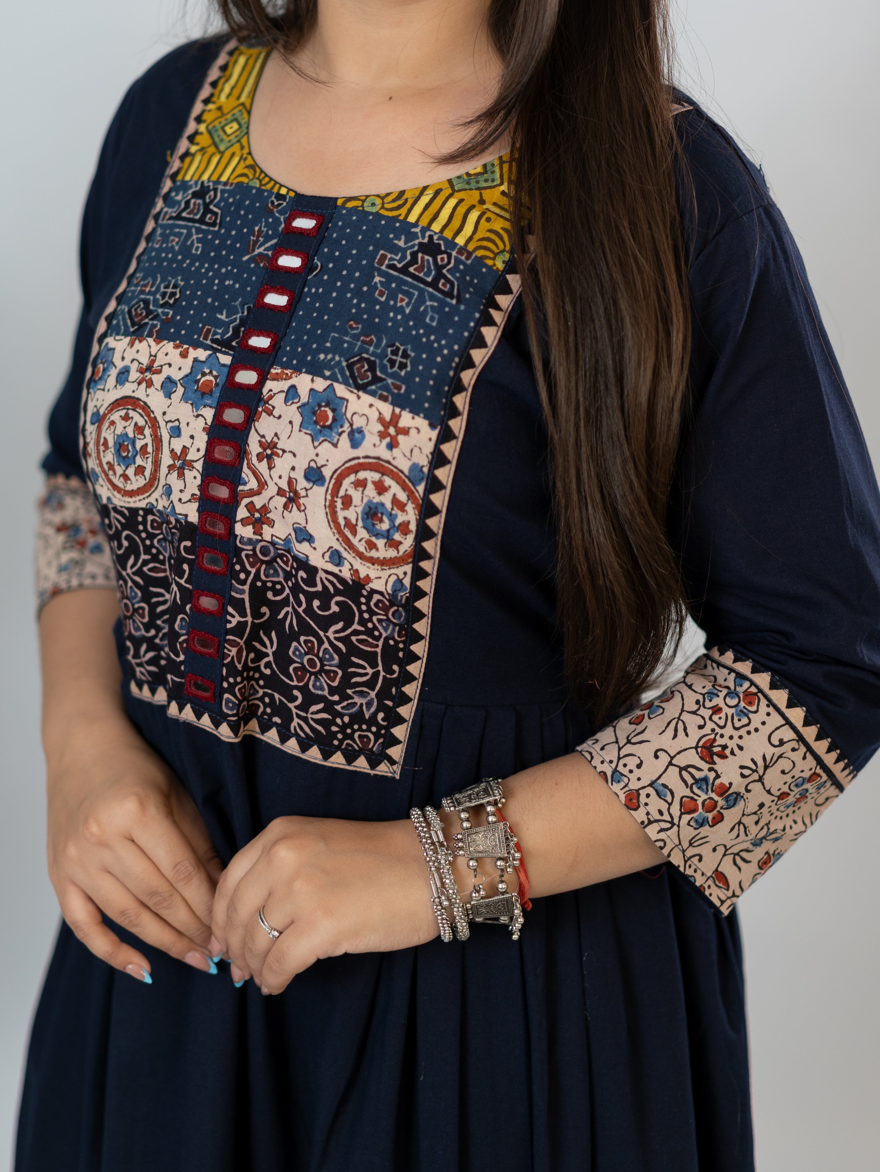 Meera Blue Cotton Ajrakh Embroidered A-line Kurta
