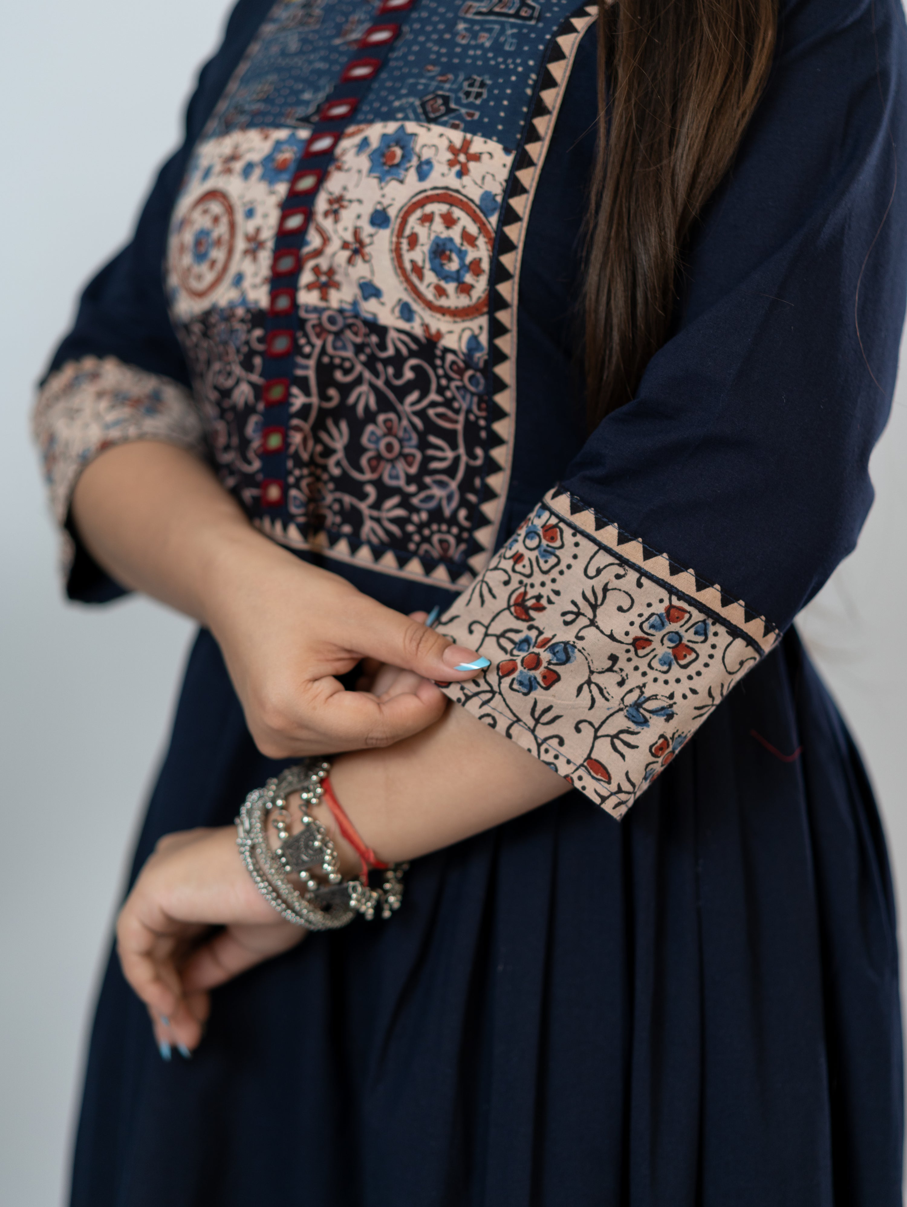 Meera Blue Cotton Ajrakh Embroidered A-line Kurta