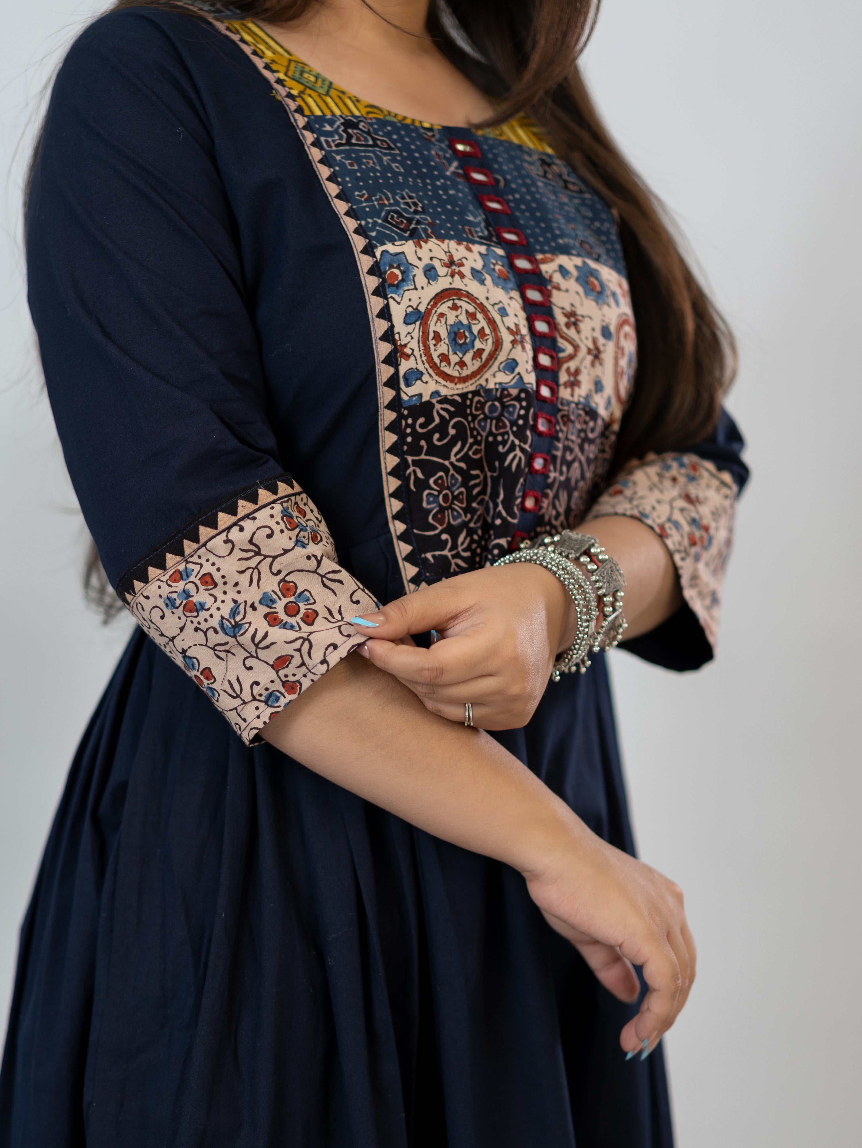 Meera Blue Cotton Ajrakh Embroidered A-line Kurta