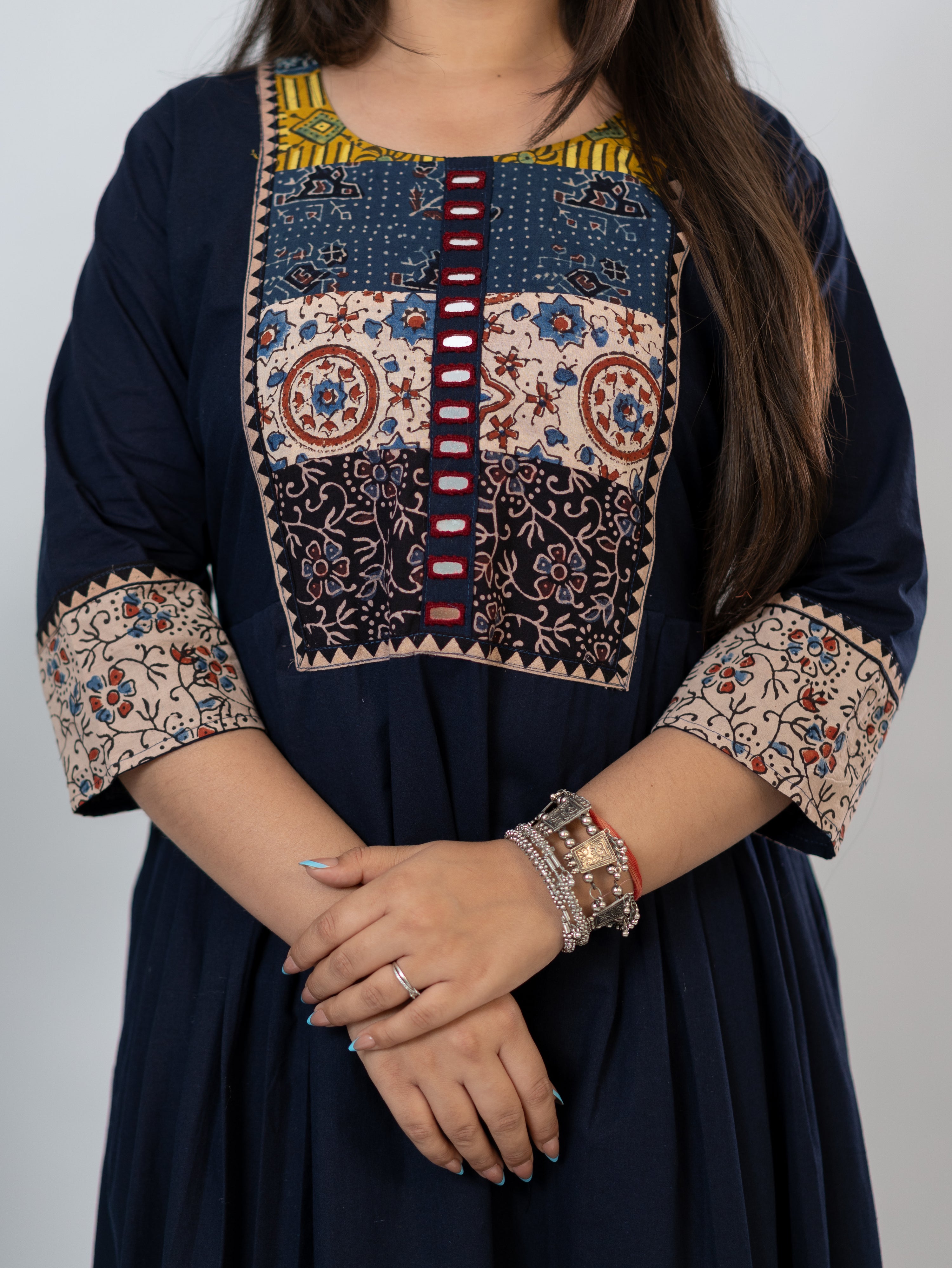 Meera Blue Cotton Ajrakh Embroidered A-line Kurta