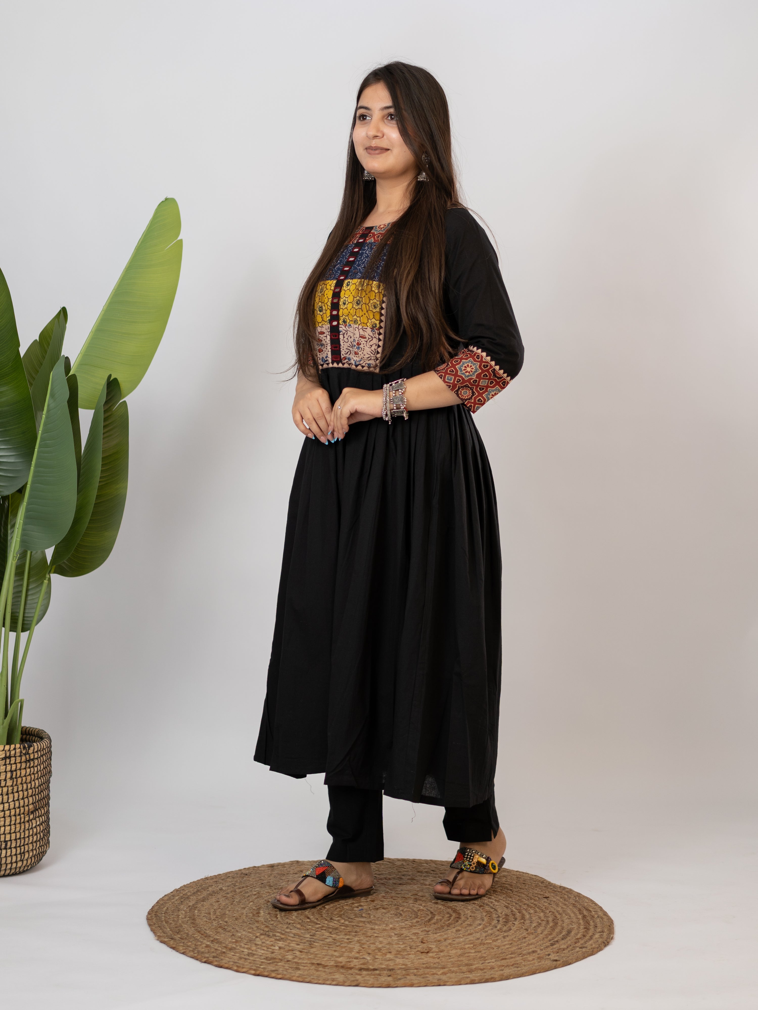 Meera Black Cotton Ajrakh Embroidered A-line Kurta