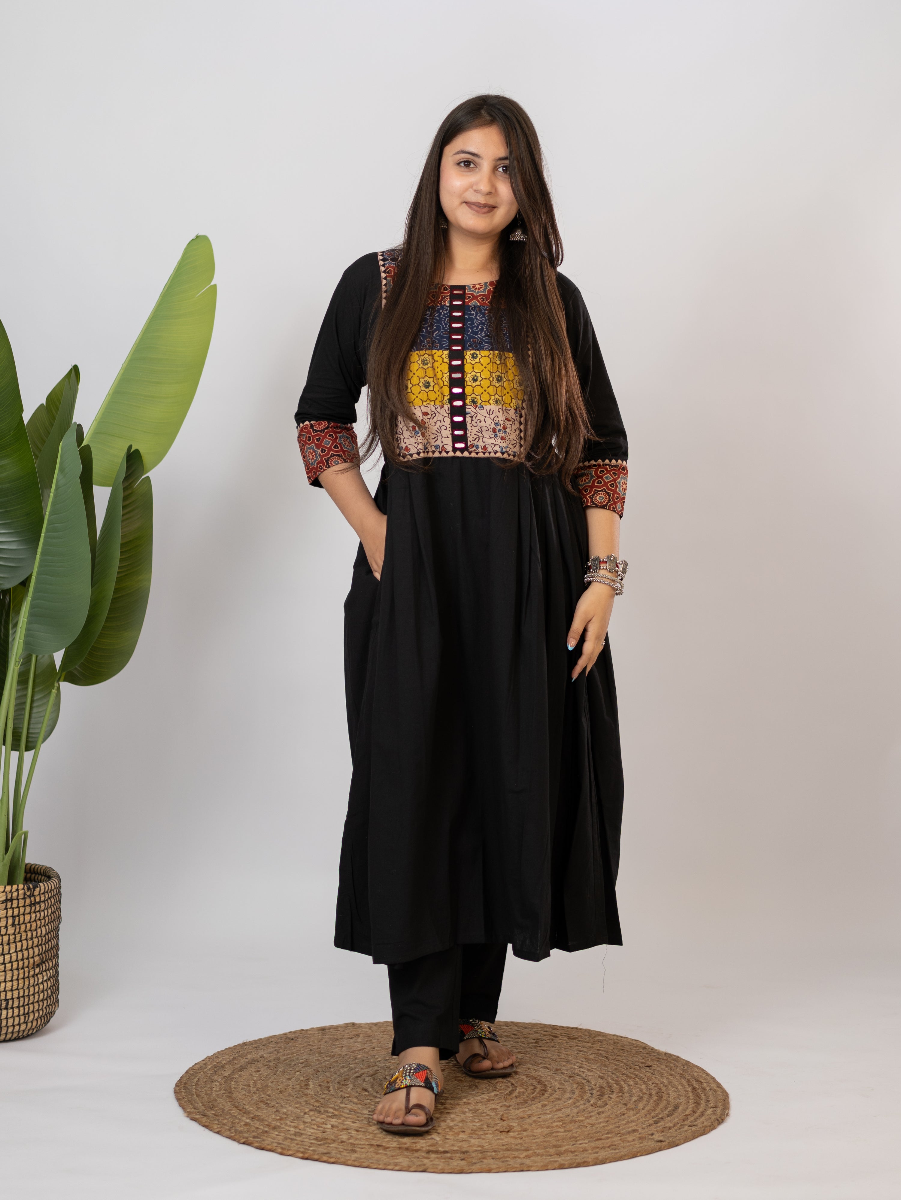 Meera Black Cotton Ajrakh Embroidered A-line Kurta