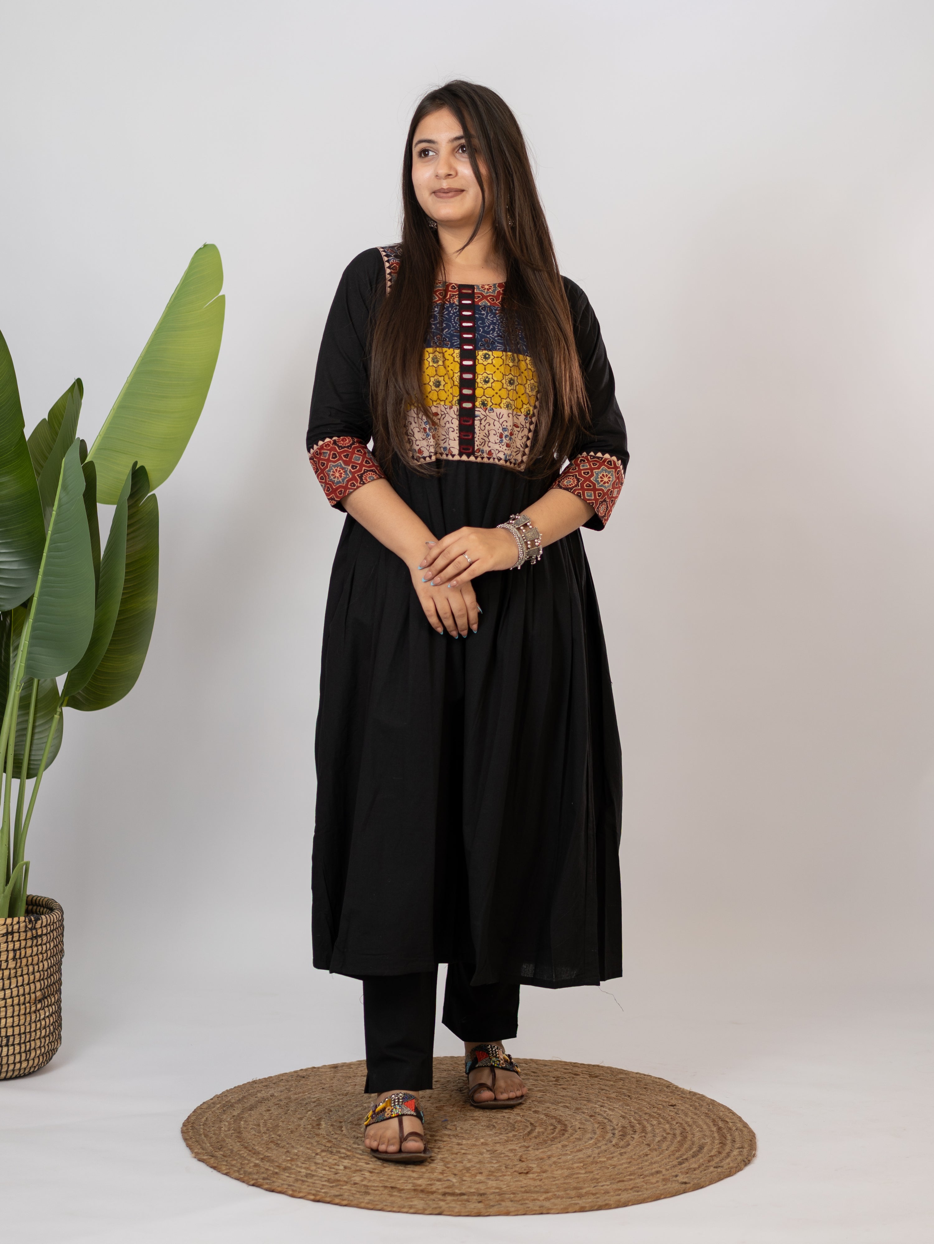 Meera Black Cotton Ajrakh Embroidered A-line Kurta