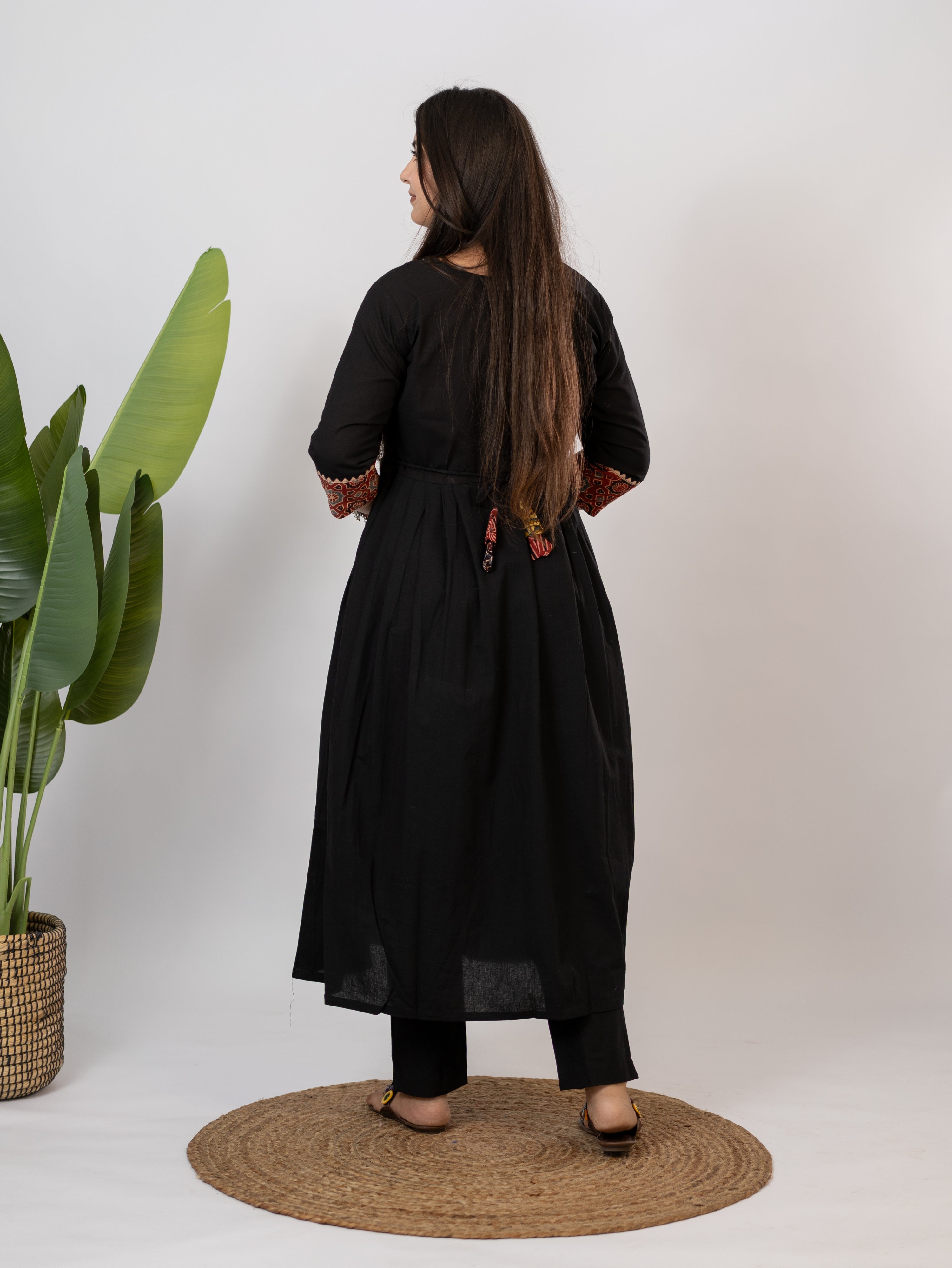 Meera Black Cotton Ajrakh Embroidered A-line Kurta