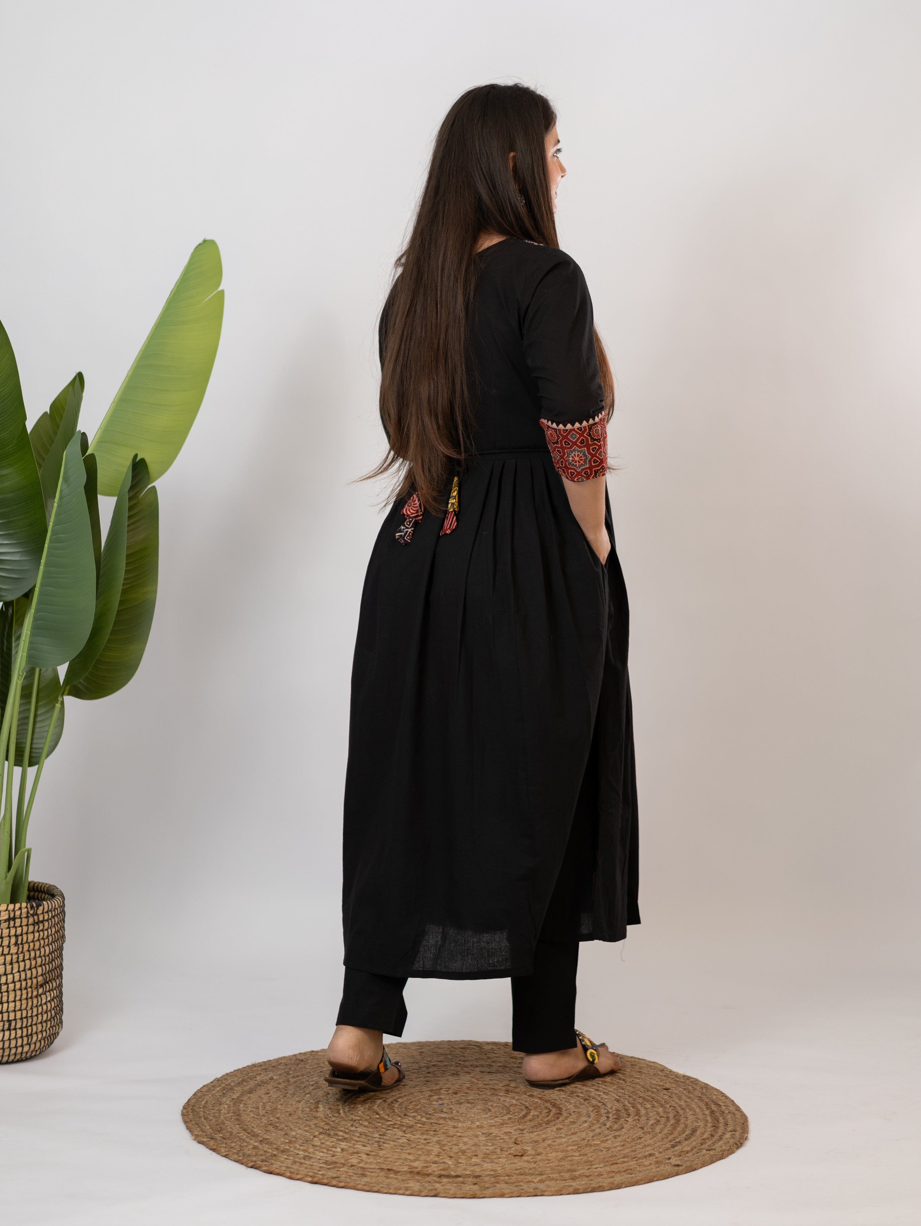 Meera Black Cotton Ajrakh Embroidered A-line Kurta