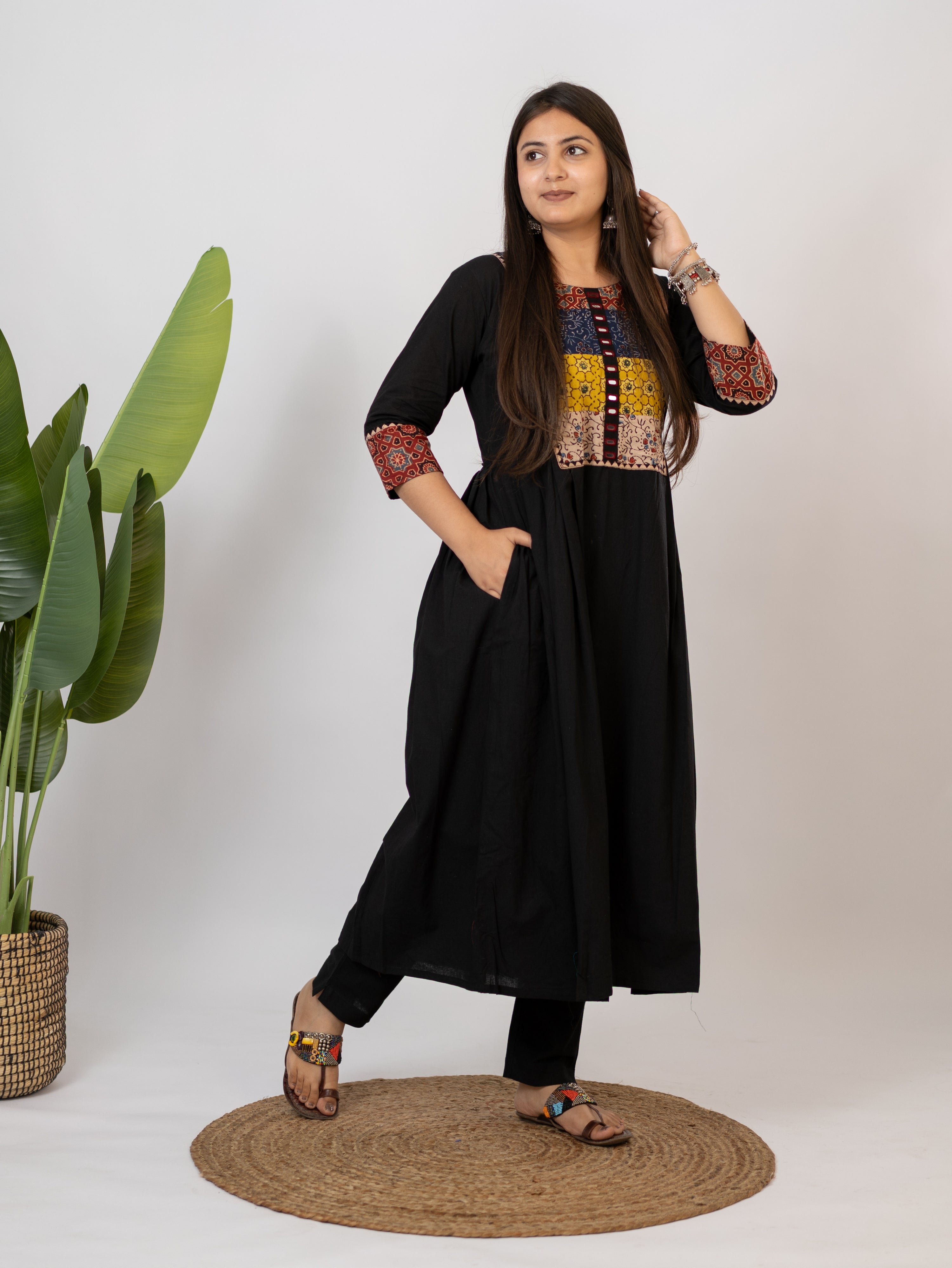 Meera Black Cotton Ajrakh Embroidered A-line Kurta