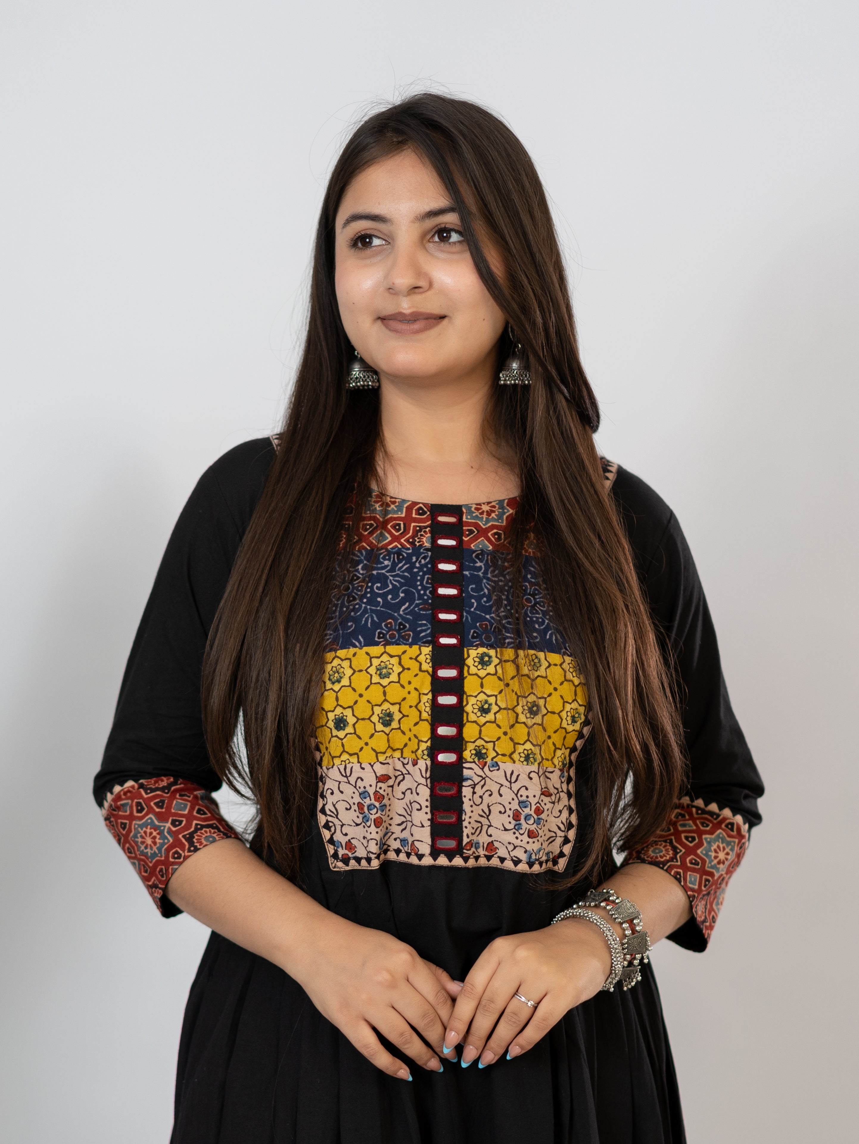 Meera Black Cotton Ajrakh Embroidered A-line Kurta