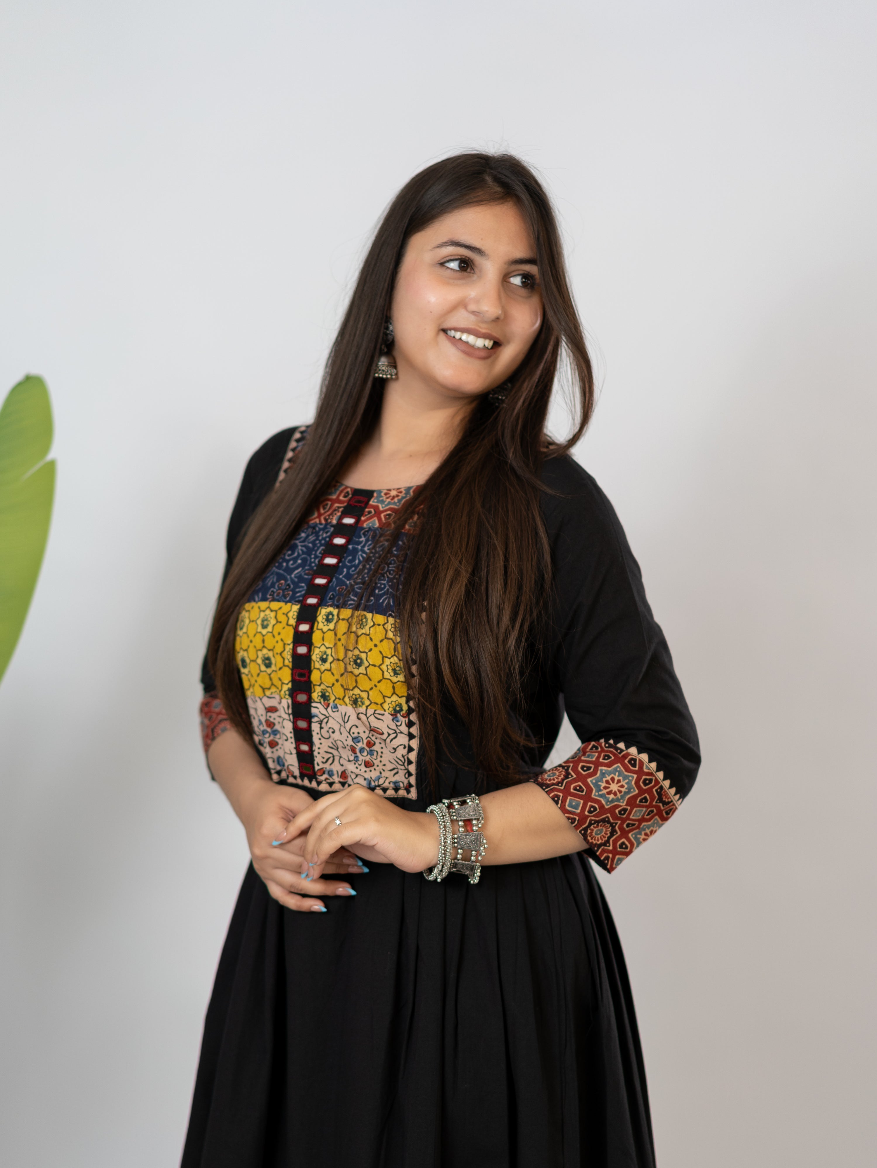 Meera Black Cotton Ajrakh Embroidered A-line Kurta