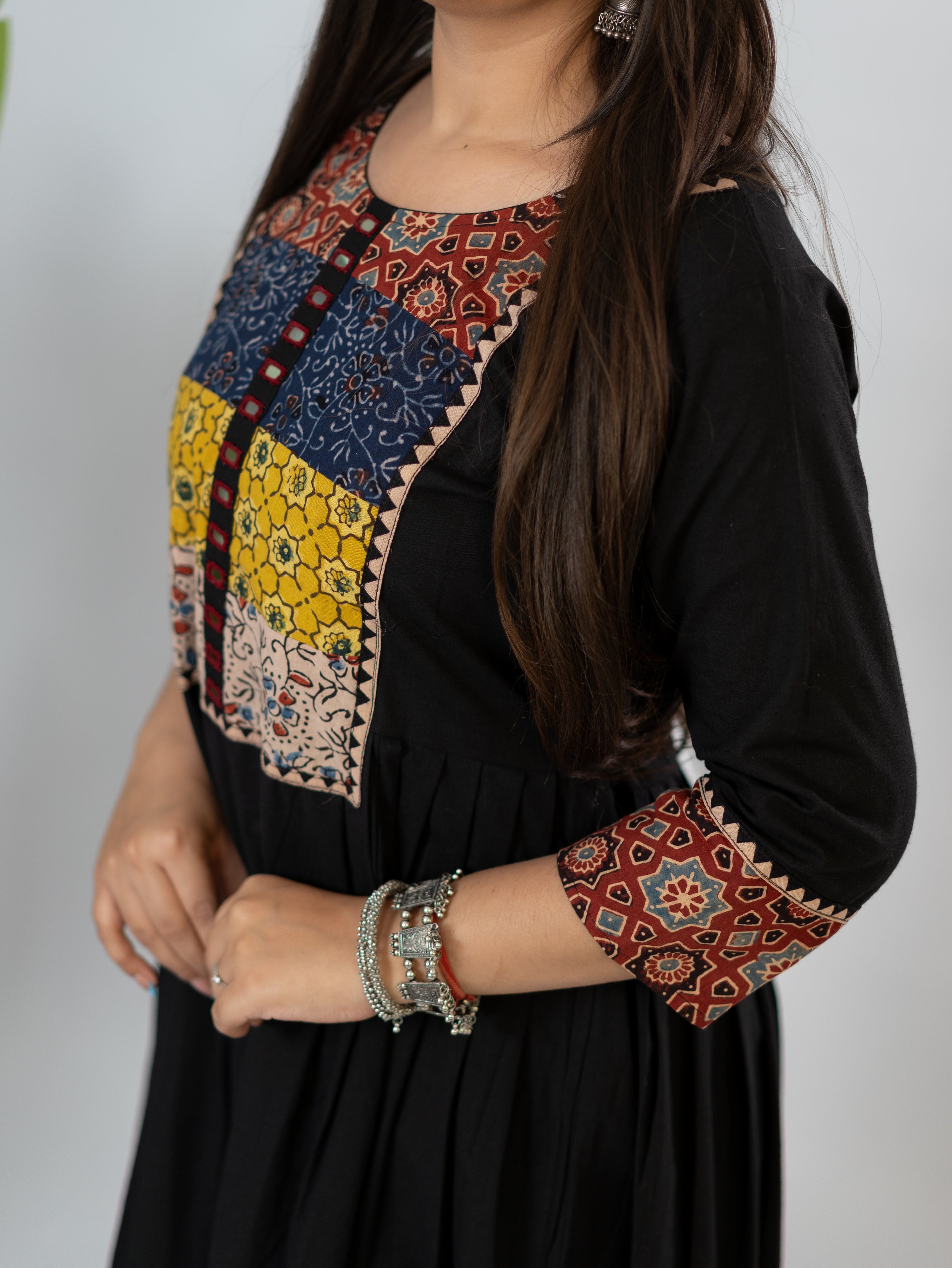 Meera Black Cotton Ajrakh Embroidered A-line Kurta