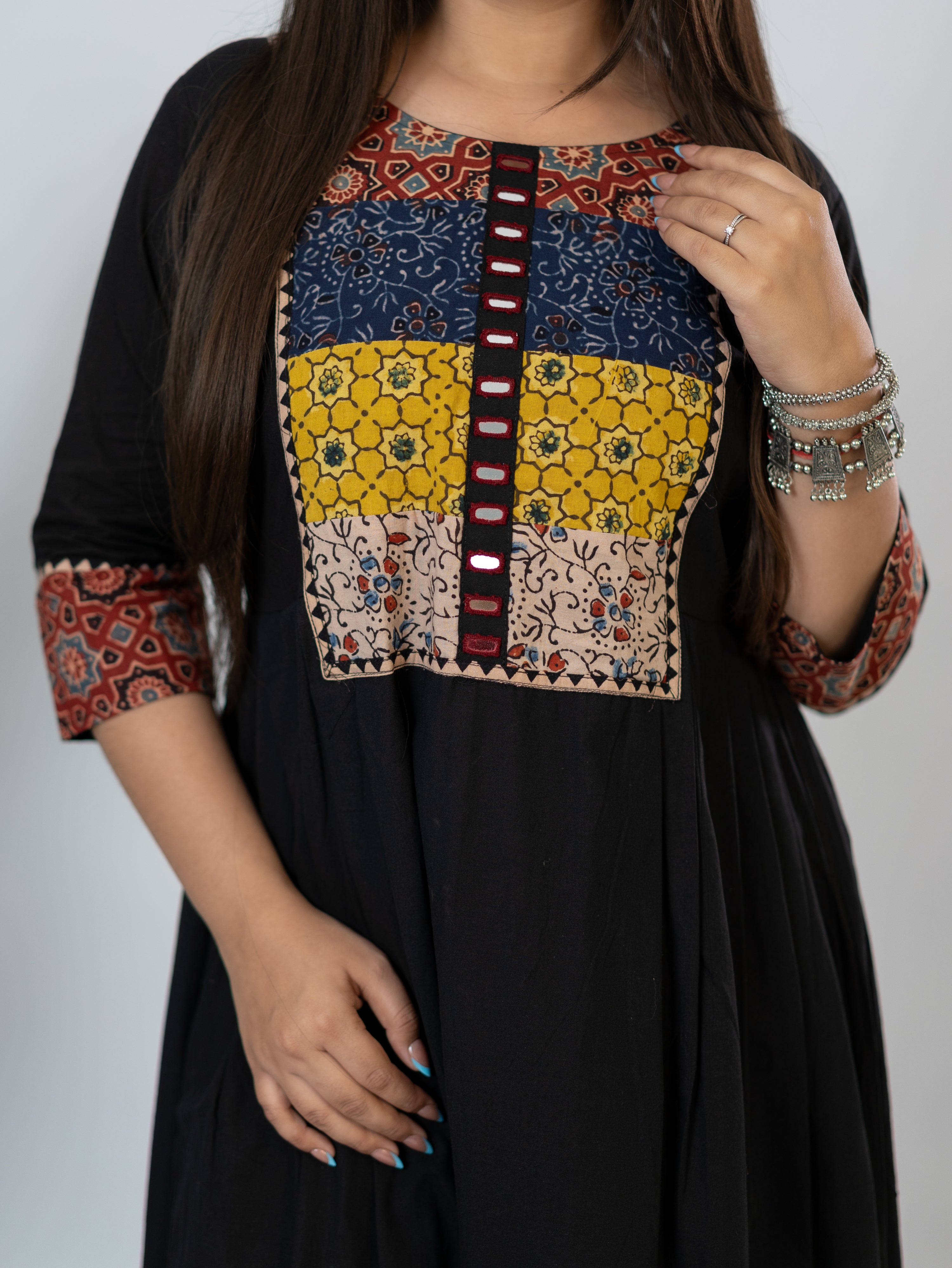 Meera Black Cotton Ajrakh Embroidered A-line Kurta