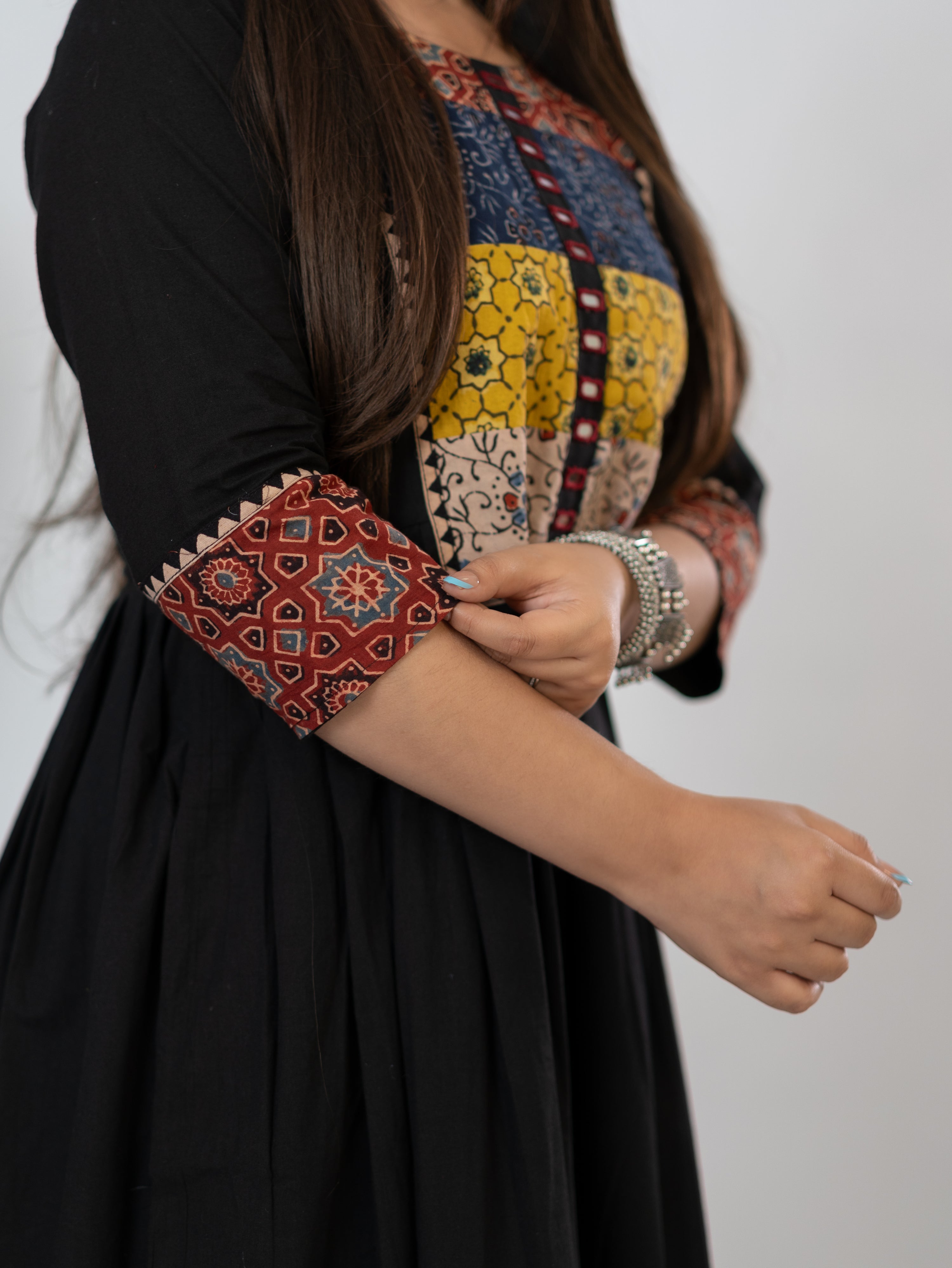 Meera Black Cotton Ajrakh Embroidered A-line Kurta