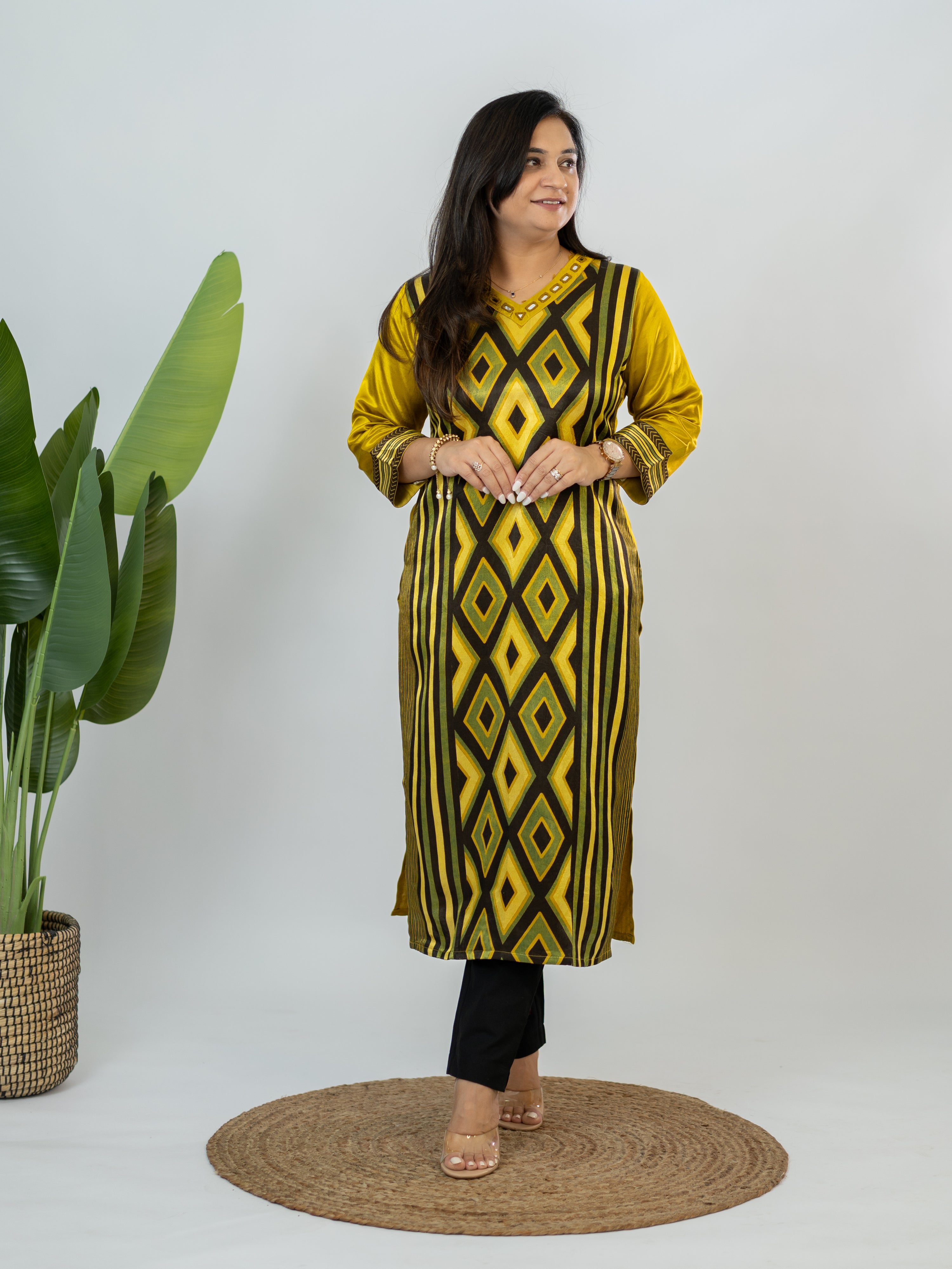 Shriya Yellow Designer Mashru Silk Ajrakh Embroidered Kurta