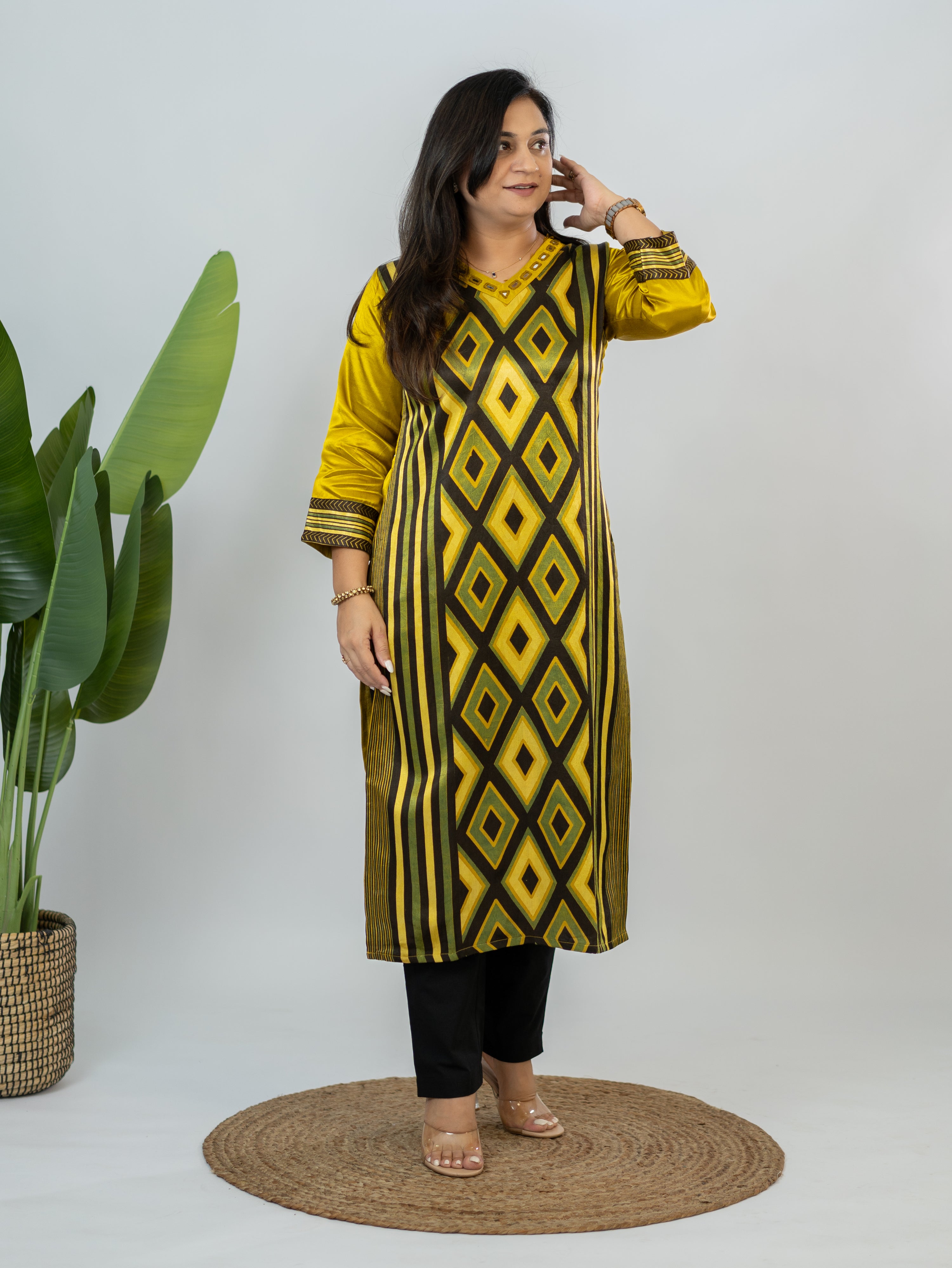 Shriya Yellow Designer Mashru Silk Ajrakh Embroidered Kurta
