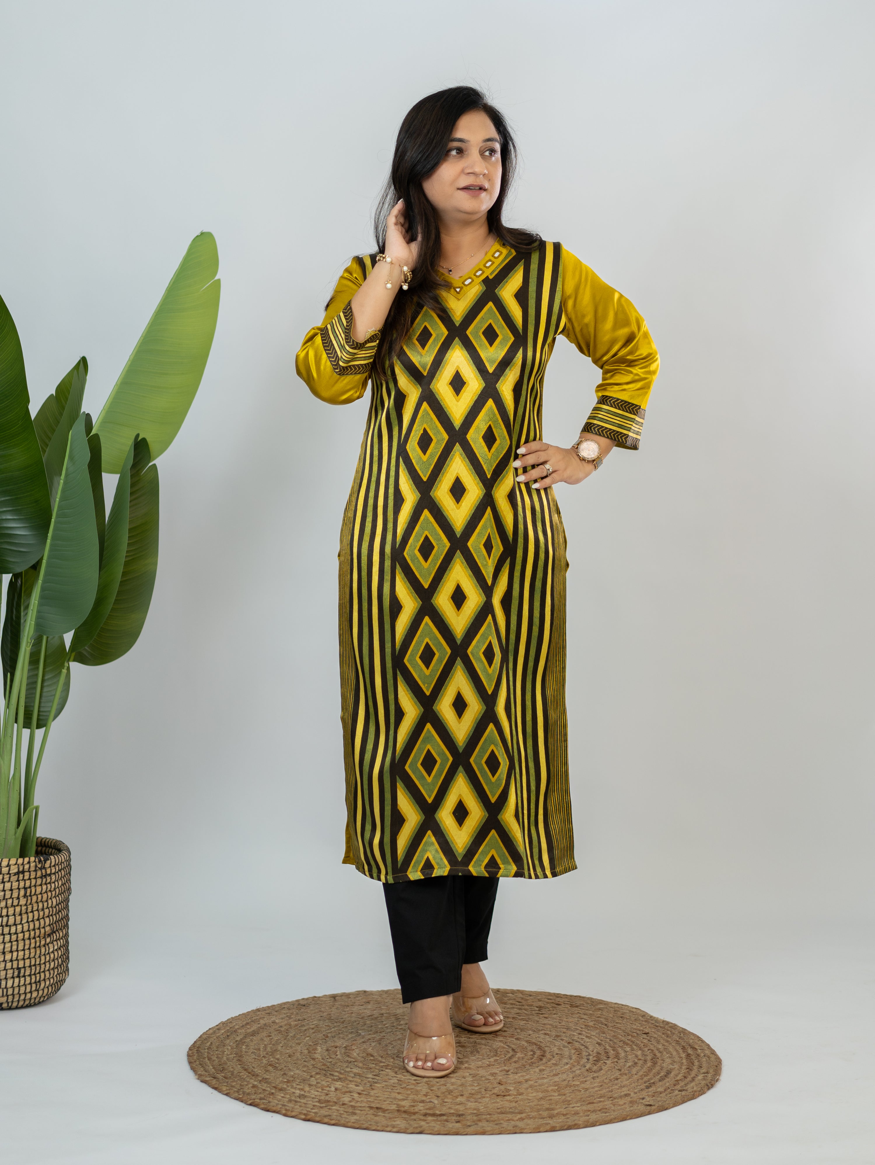 Shriya Yellow Designer Mashru Silk Ajrakh Embroidered Kurta