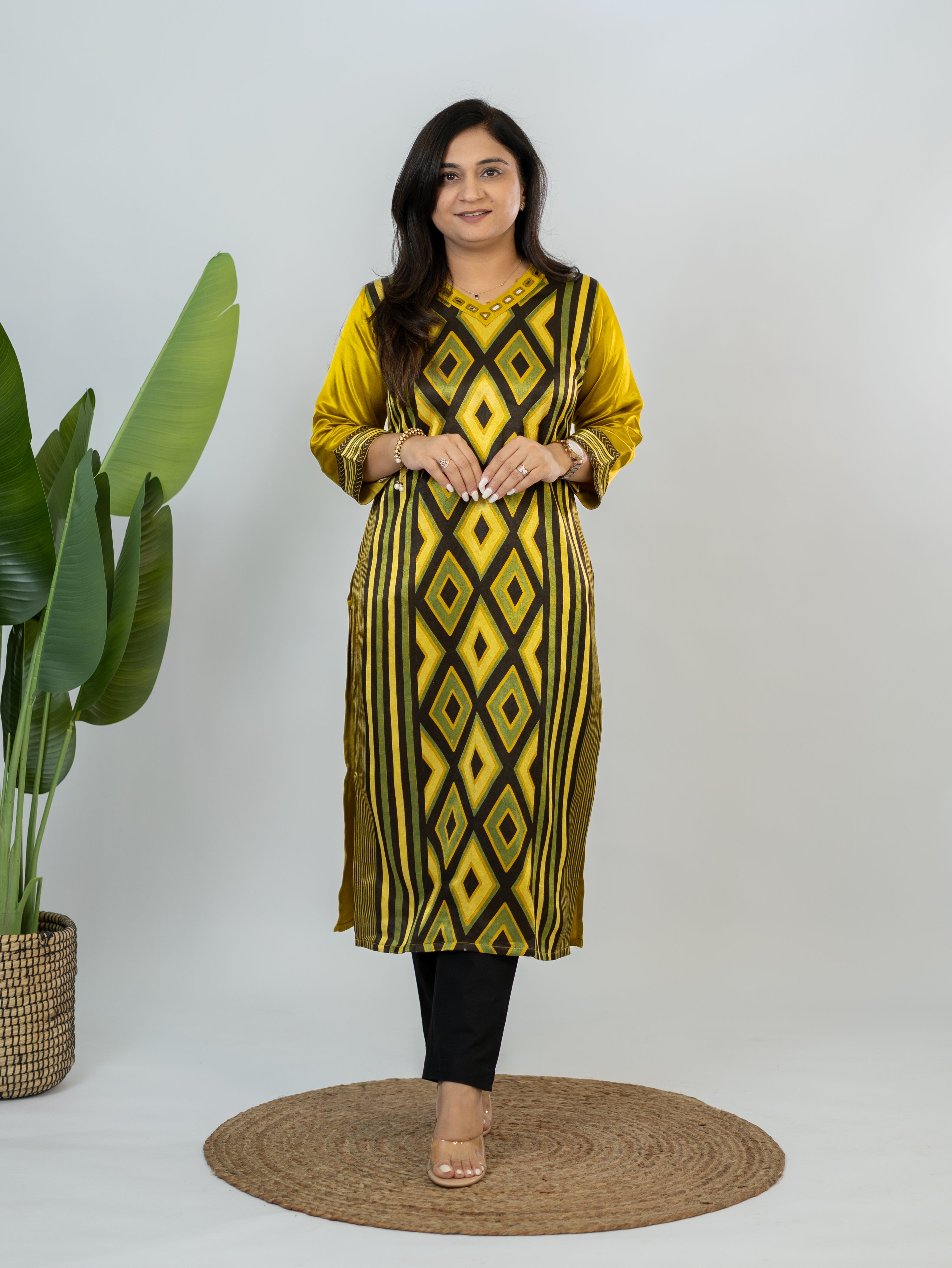 Shriya Yellow Designer Mashru Silk Ajrakh Embroidered Kurta
