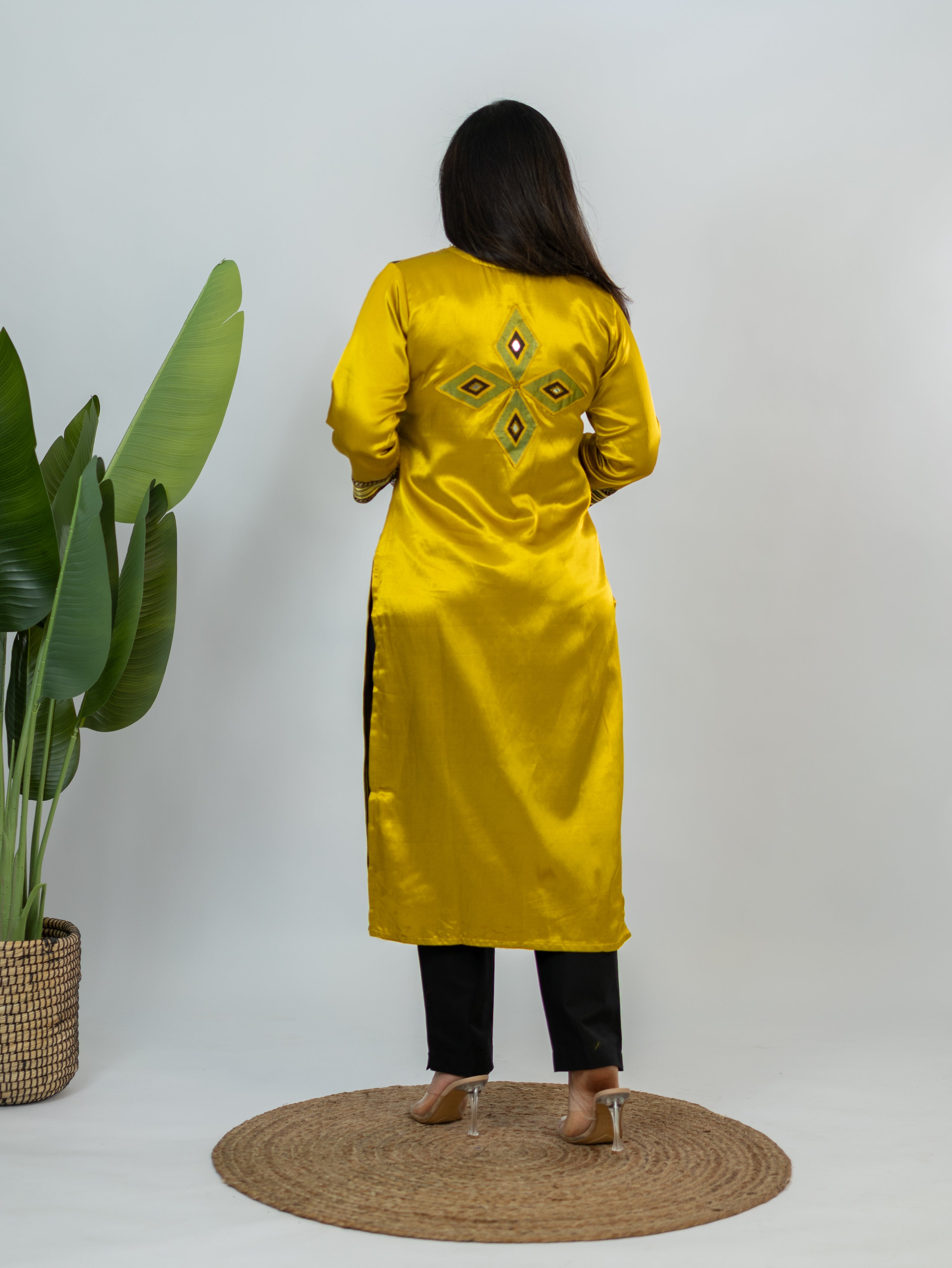 Shriya Yellow Designer Mashru Silk Ajrakh Embroidered Kurta