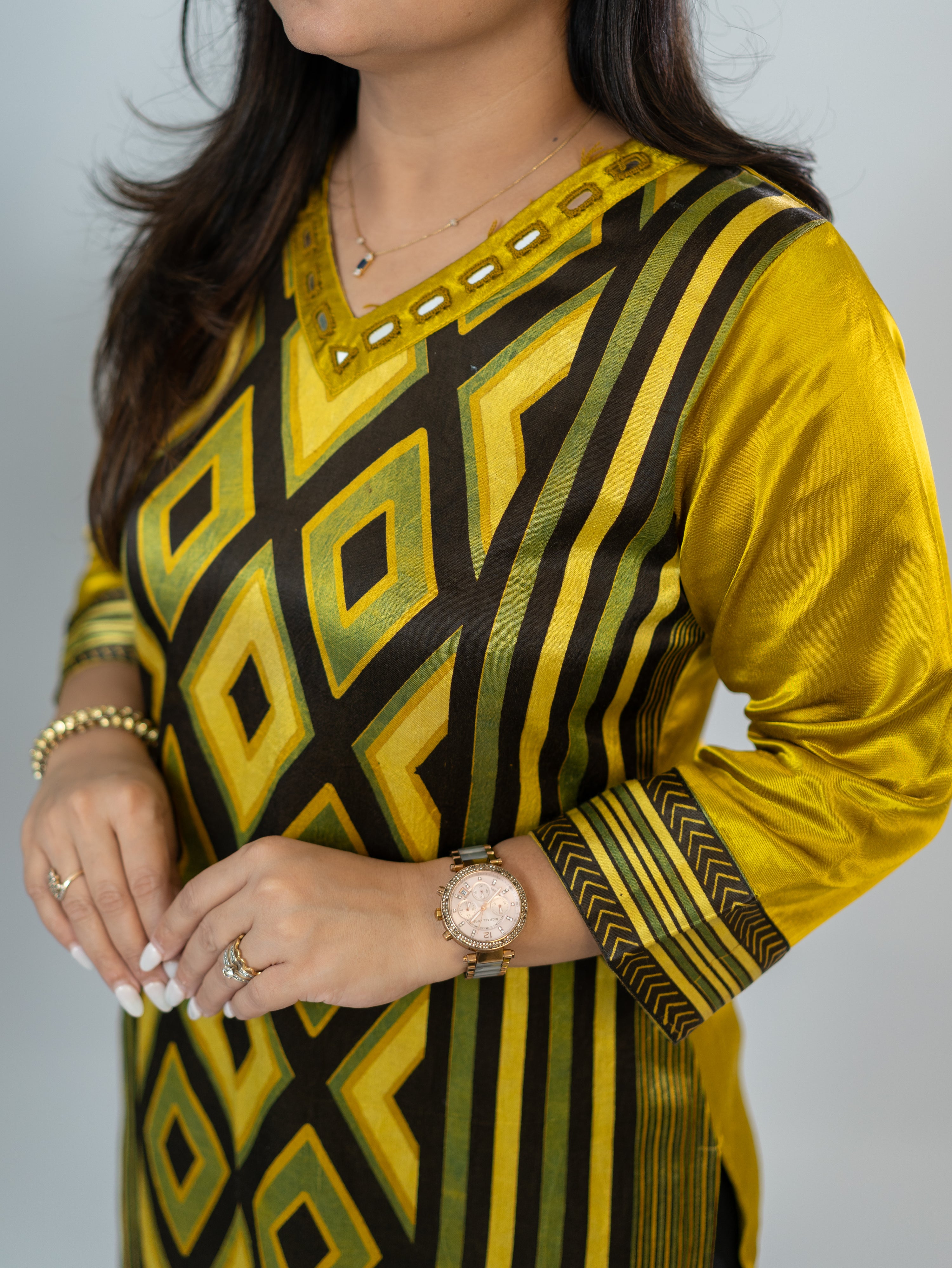 Shriya Yellow Designer Mashru Silk Ajrakh Embroidered Kurta