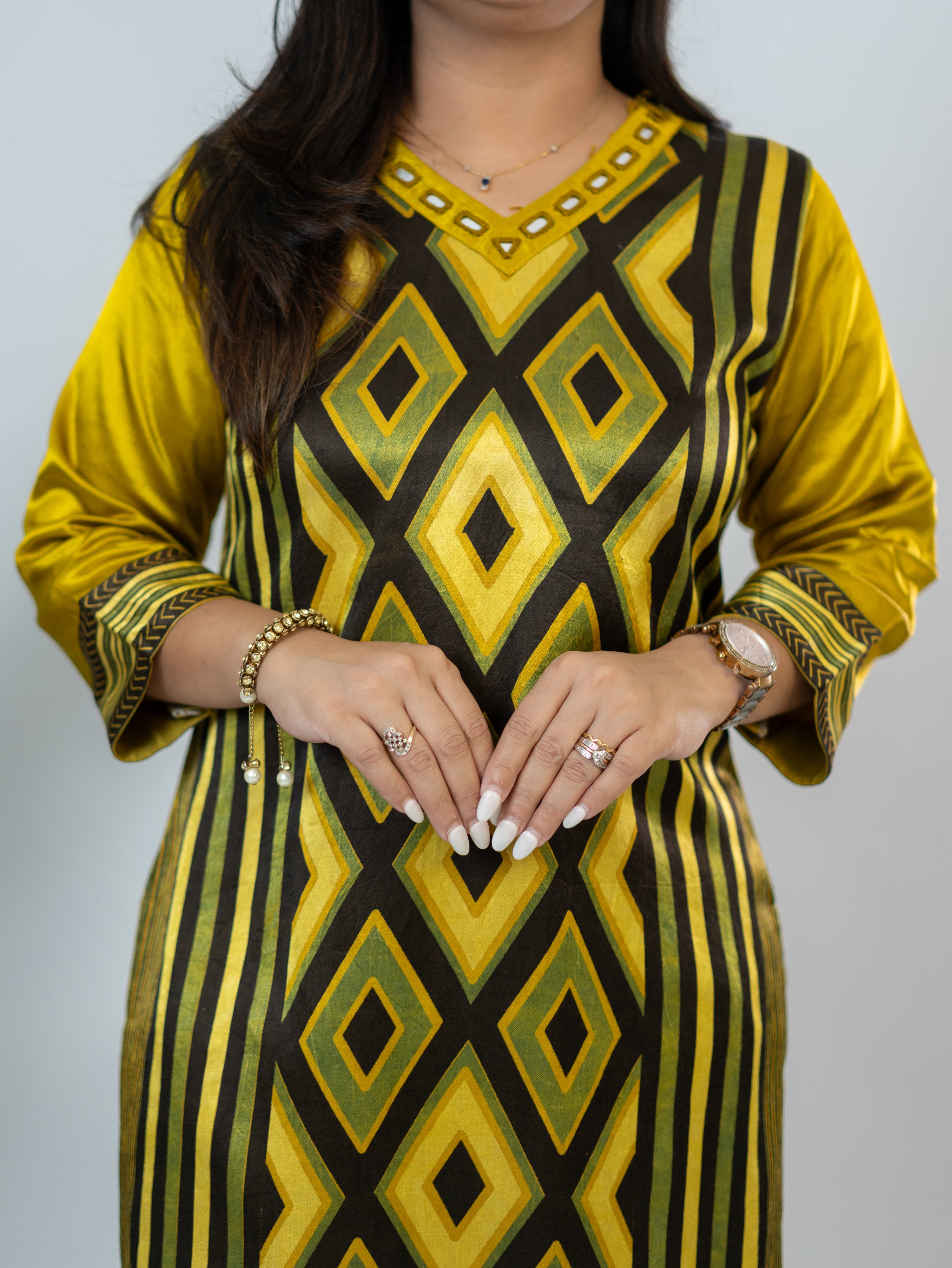 Shriya Yellow Designer Mashru Silk Ajrakh Embroidered Kurta