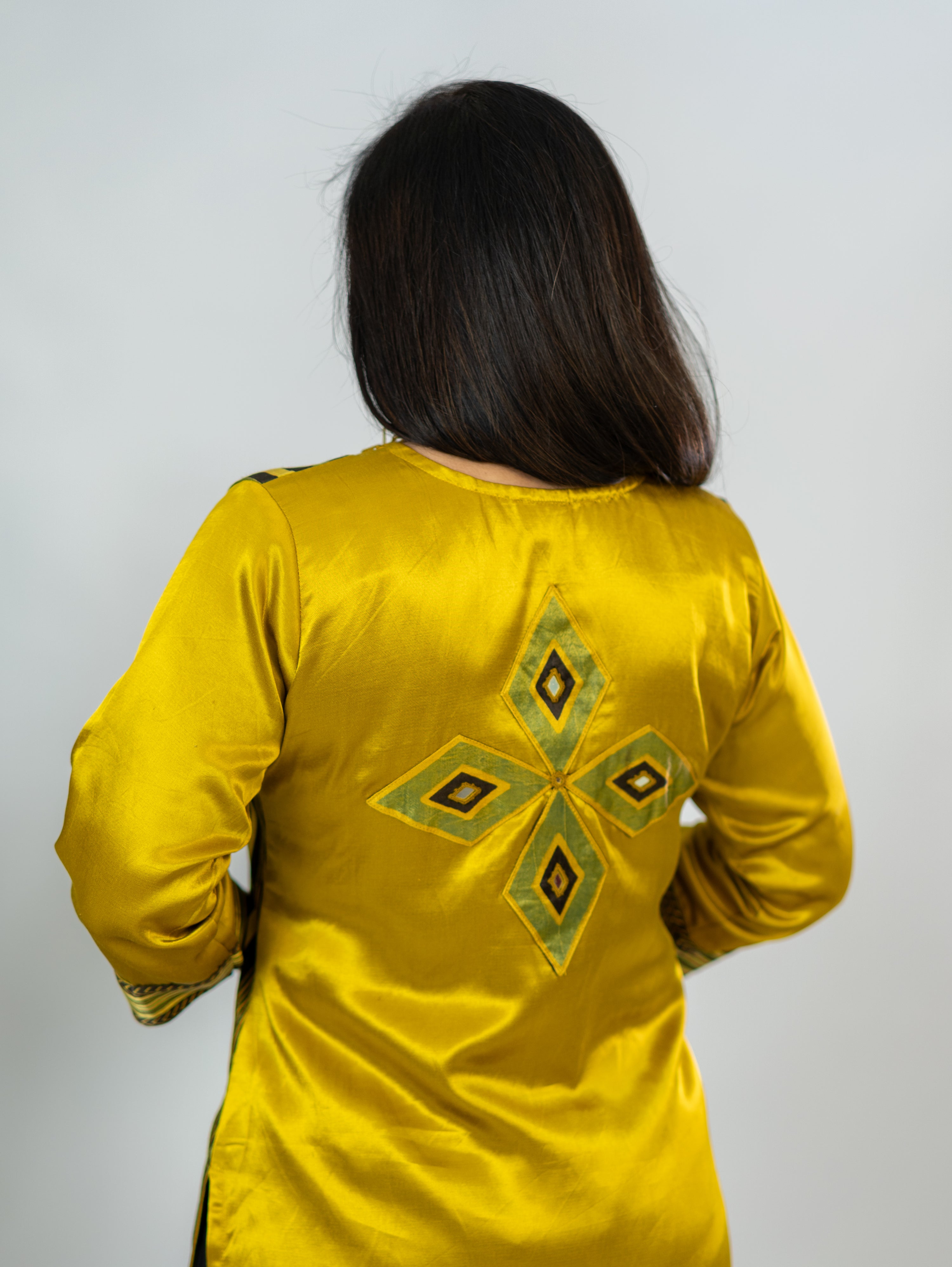 Shriya Yellow Designer Mashru Silk Ajrakh Embroidered Kurta