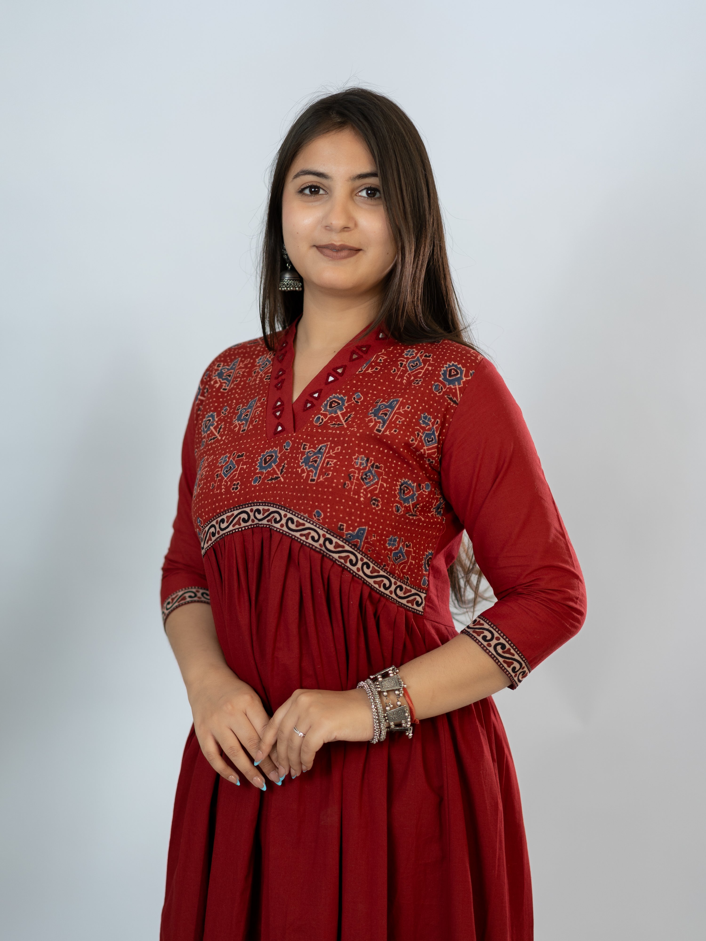 Yashi Red Cotton Alia Ajrakh Embroidered A-line Kurta