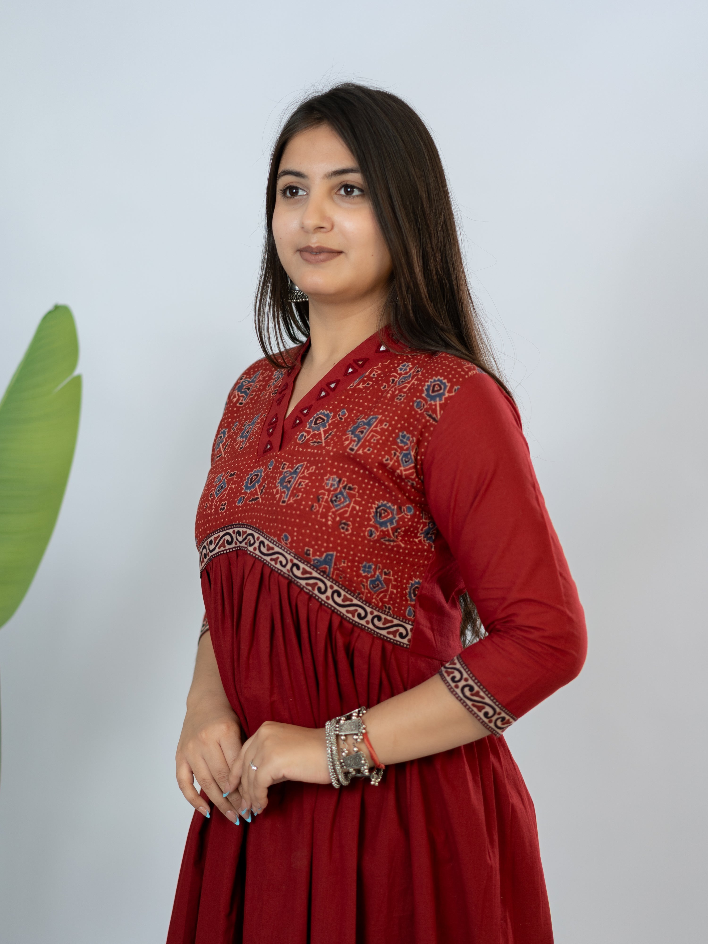 Yashi Red Cotton Alia Ajrakh Embroidered A-line Kurta