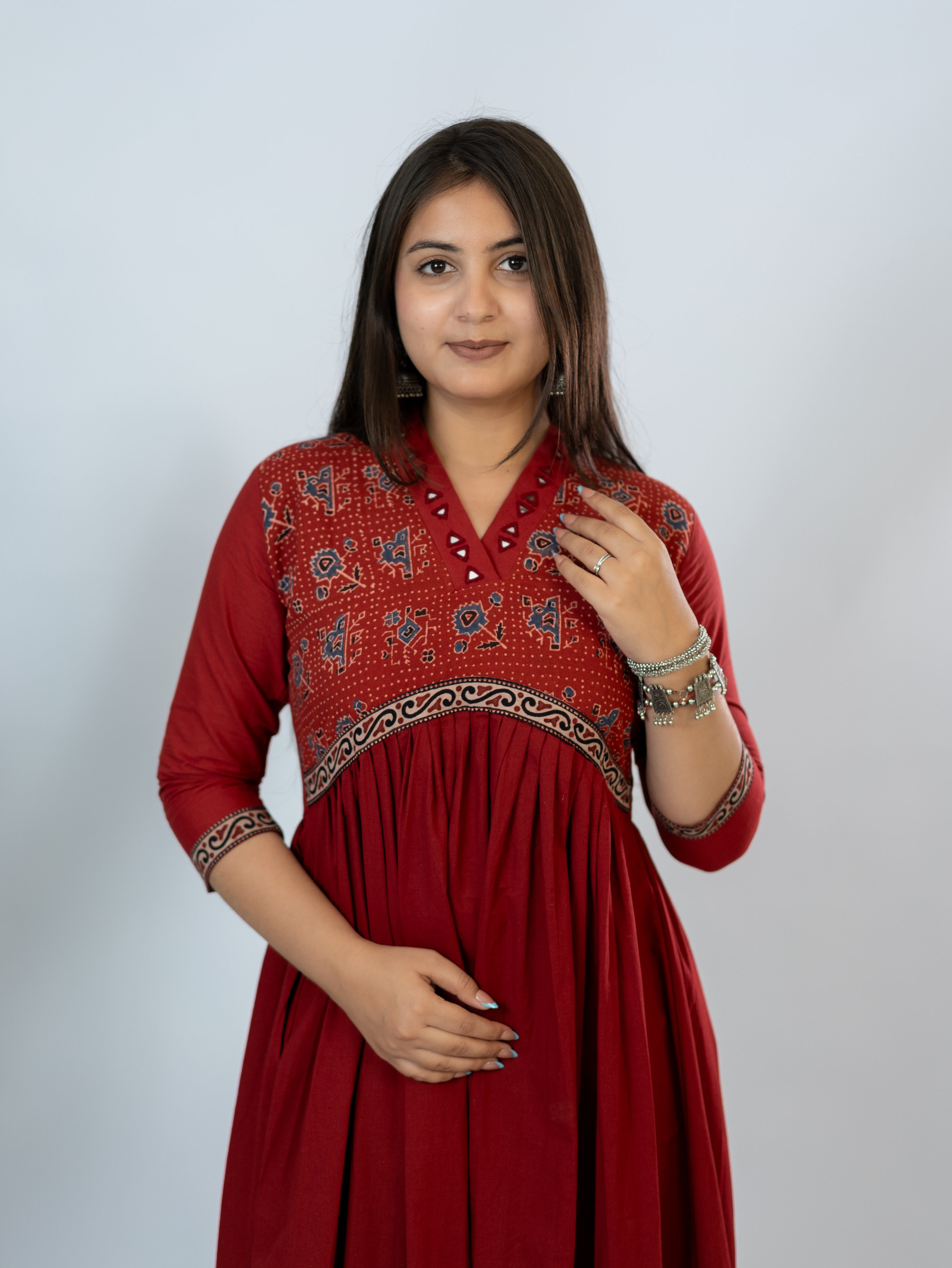 Yashi Red Cotton Alia Ajrakh Embroidered A-line Kurta