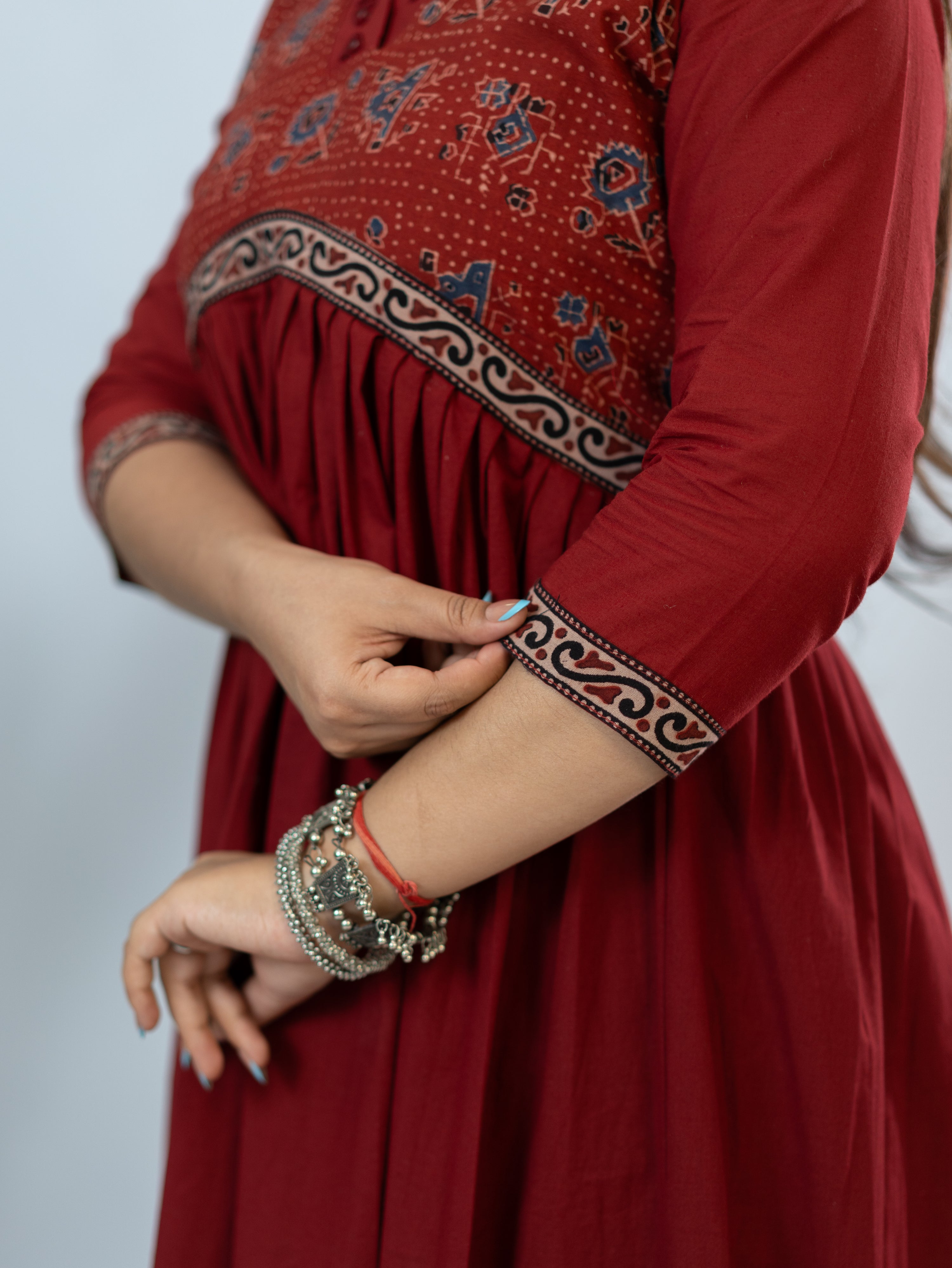 Yashi Red Cotton Alia Ajrakh Embroidered A-line Kurta