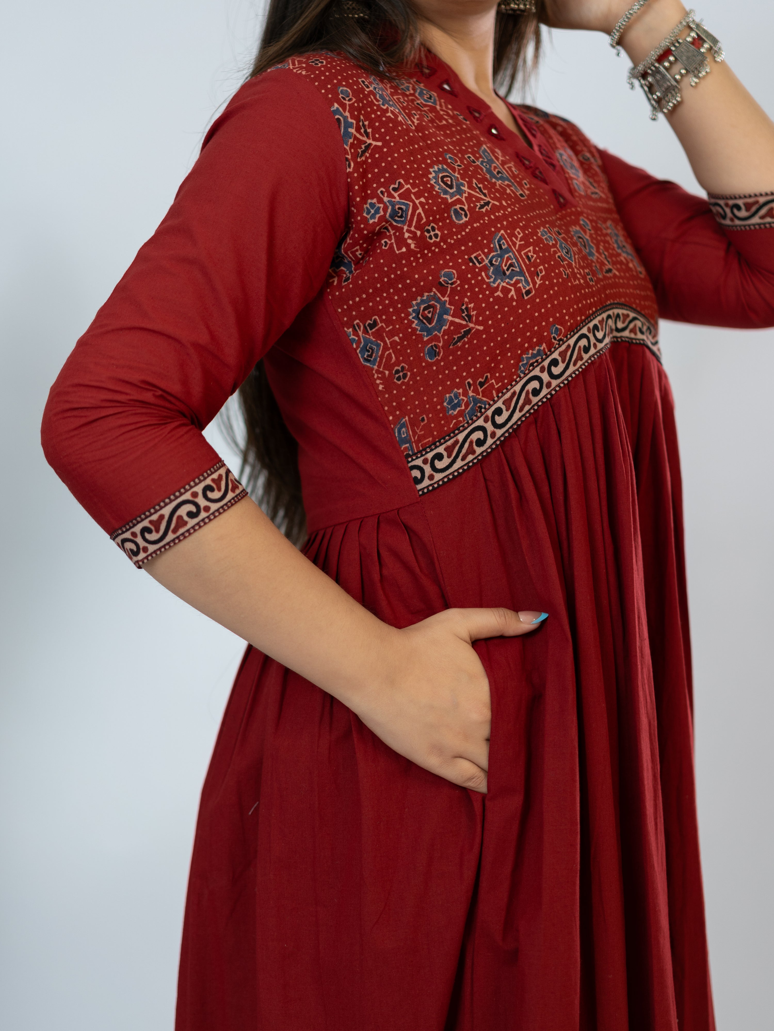 Yashi Red Cotton Alia Ajrakh Embroidered A-line Kurta