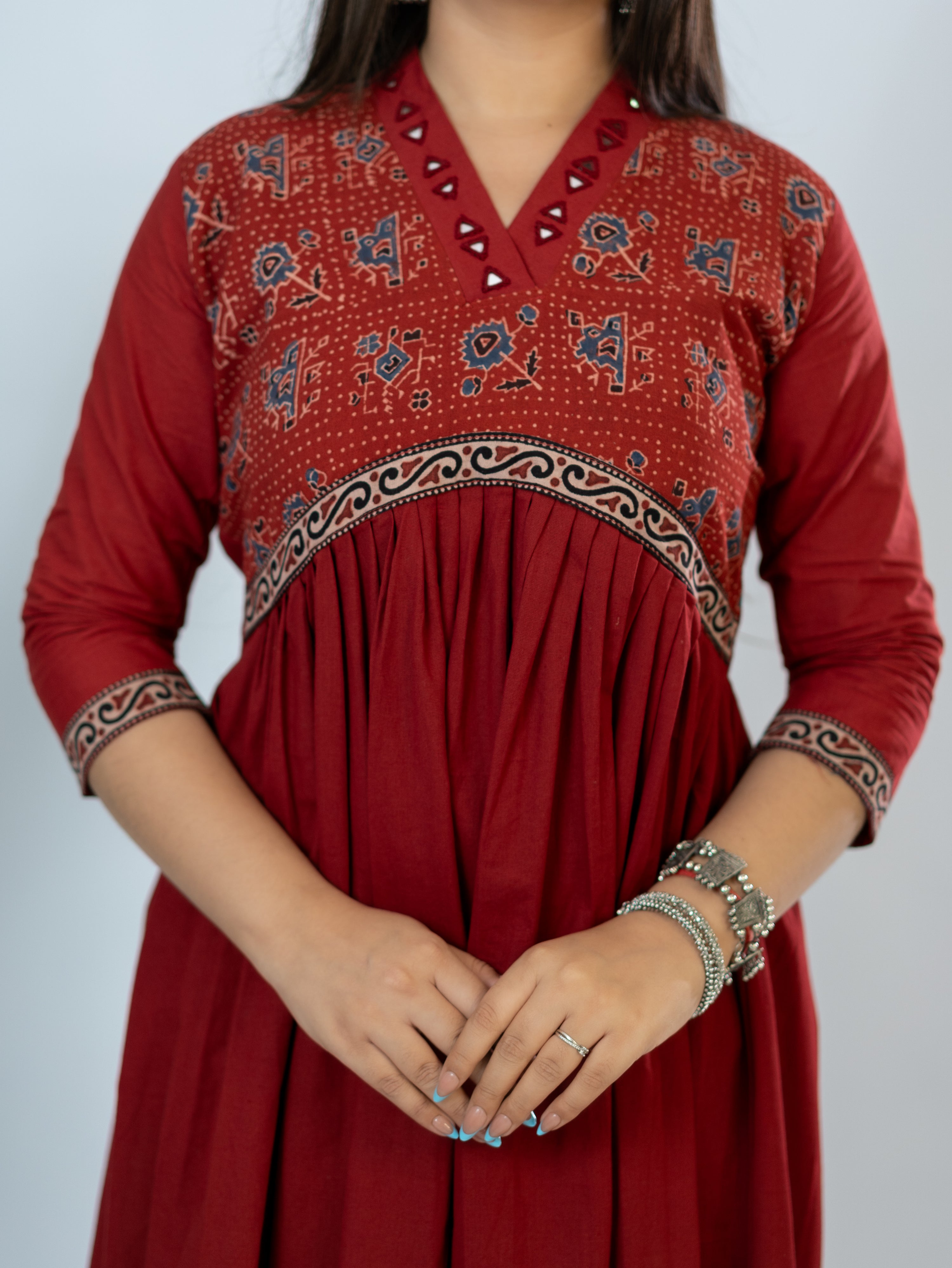 Yashi Red Cotton Alia Ajrakh Embroidered A-line Kurta