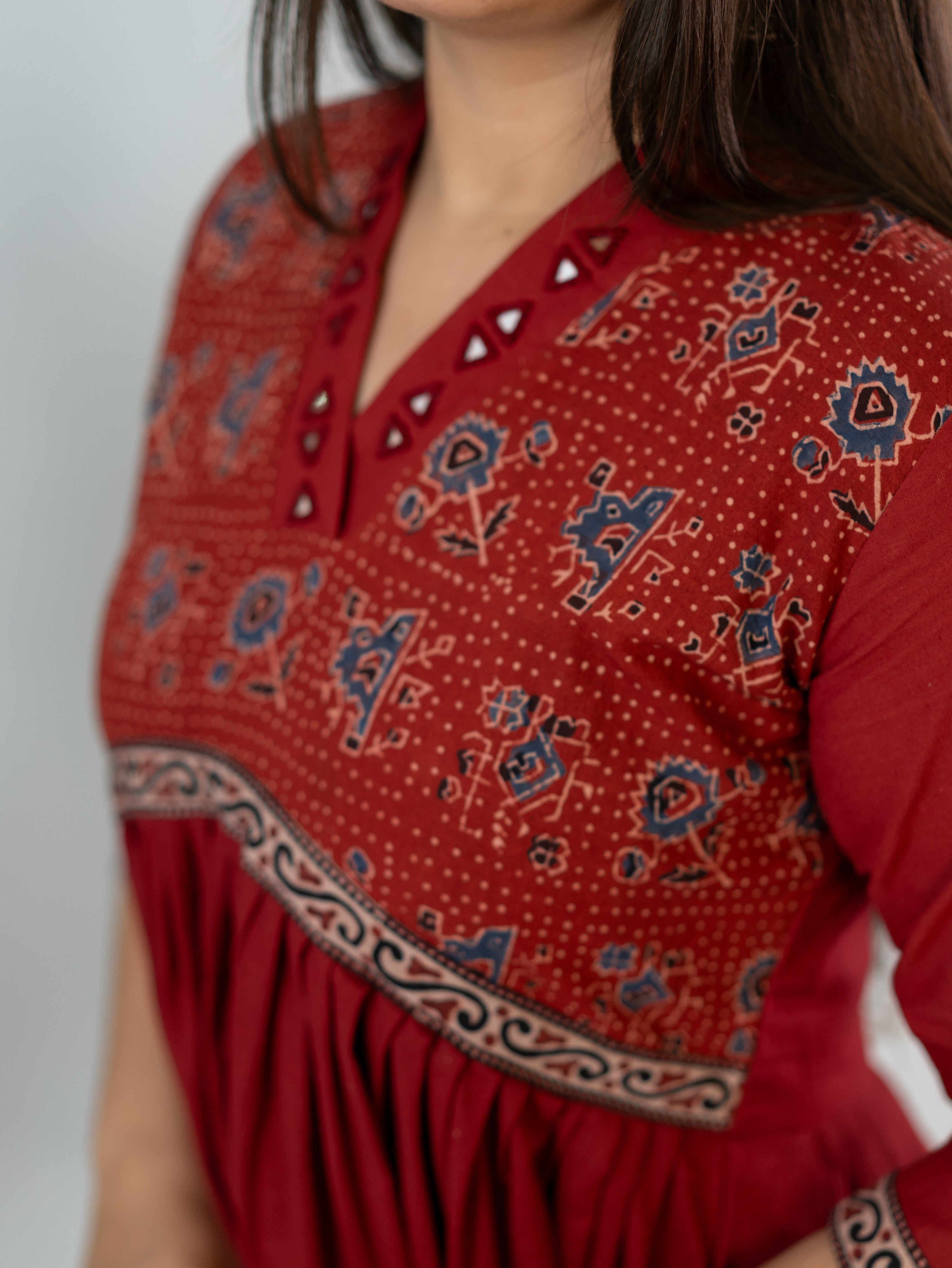 Yashi Red Cotton Alia Ajrakh Embroidered A-line Kurta